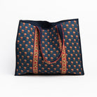 Hand Block Print Tote in Fall Navy on a white background at Addison West