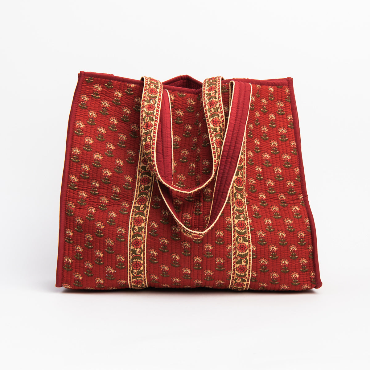 Hand Block Print Tote in Autumn Auburn on a white background at Addison West