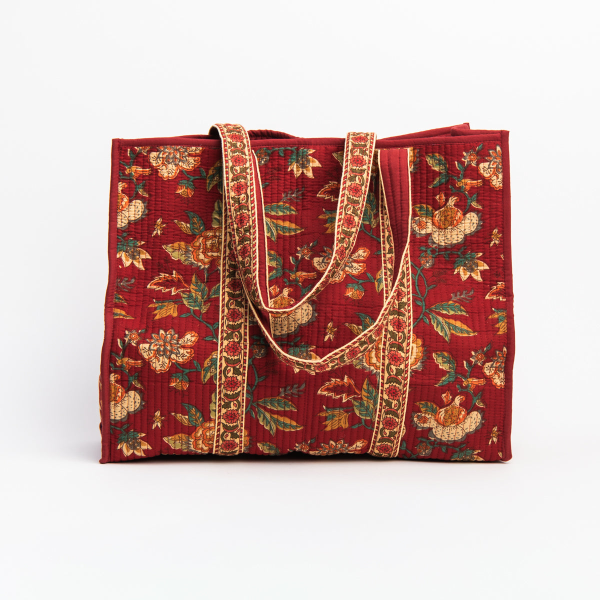 Hand Block Print Tote in Autumn Auburn on a white background at Addison West