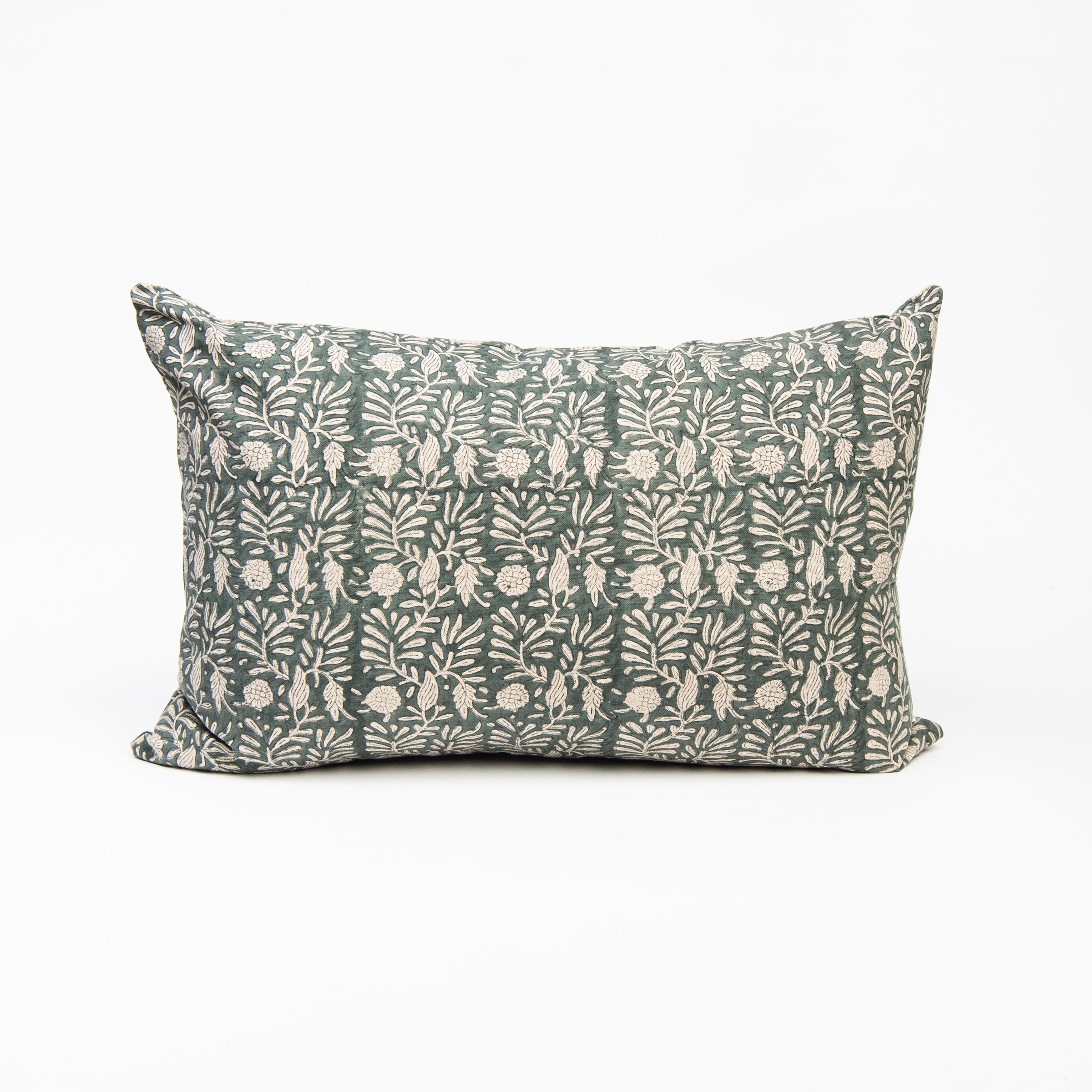 Tulsi Block Print Pillow in Deep Sea, 16"x24" on a white background at Addison West