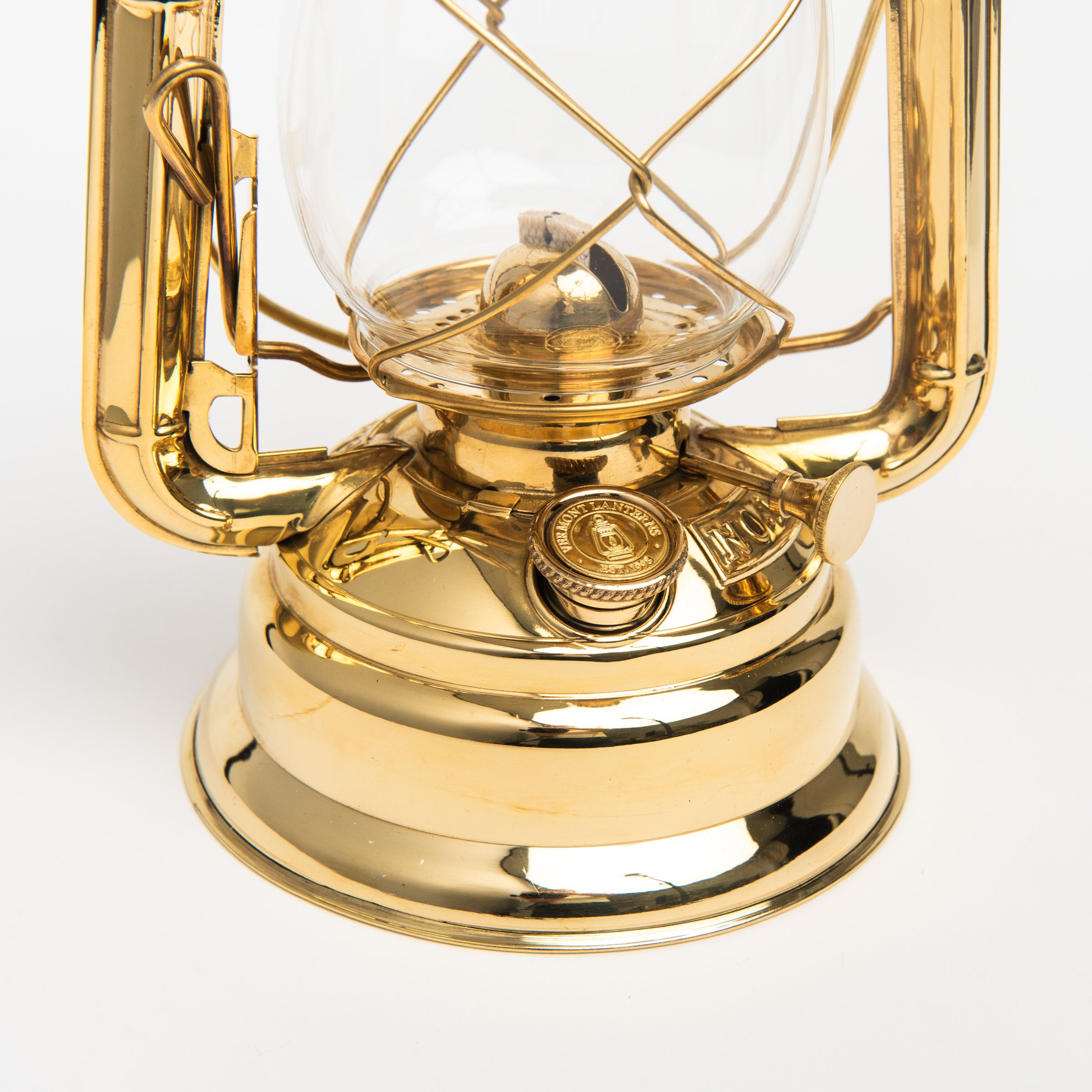 Close up of Vermont Lantern in Brass on a white background at Addison West