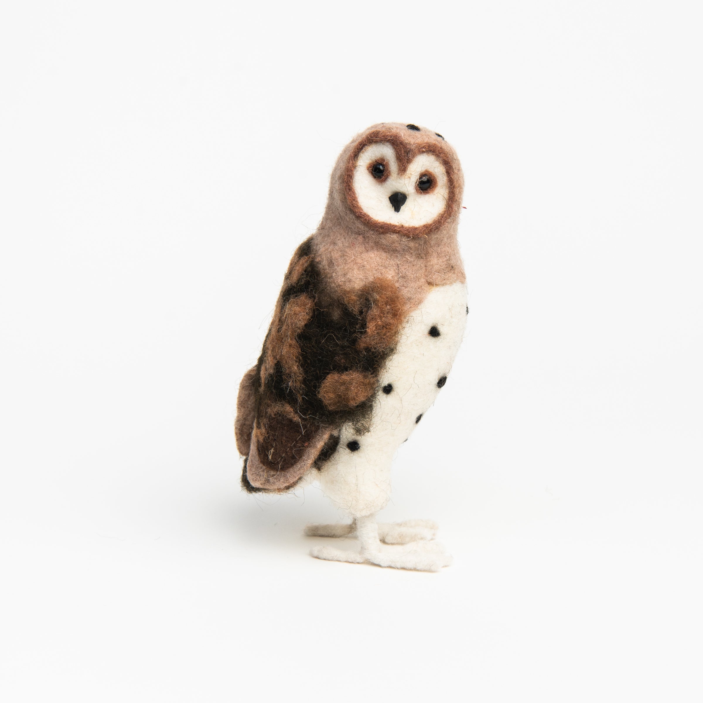 Handmade Wool Felt Barn Owl on a white background at Addison West