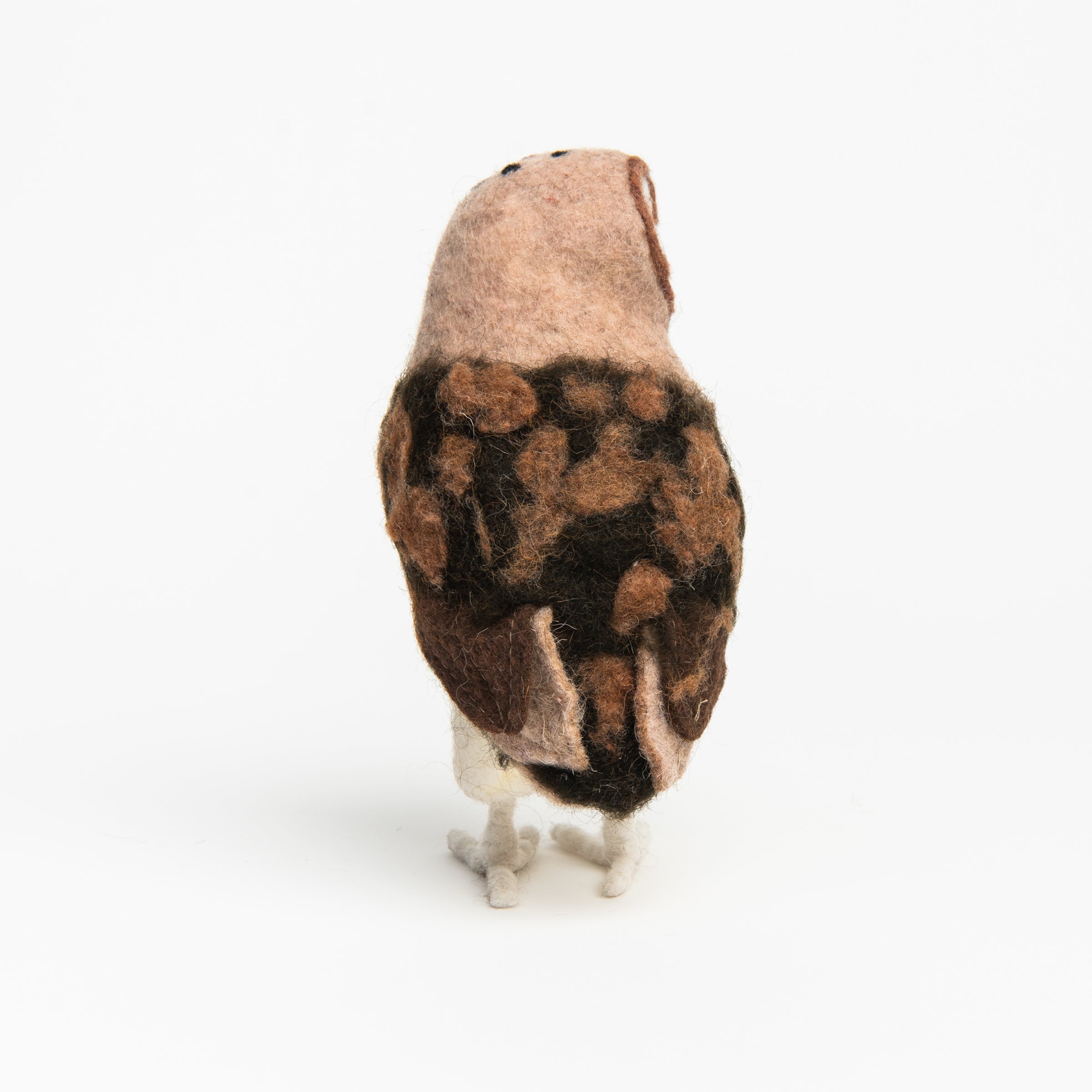 Back of Handmade Wool Felt Barn Owl on a white background at Addison West
