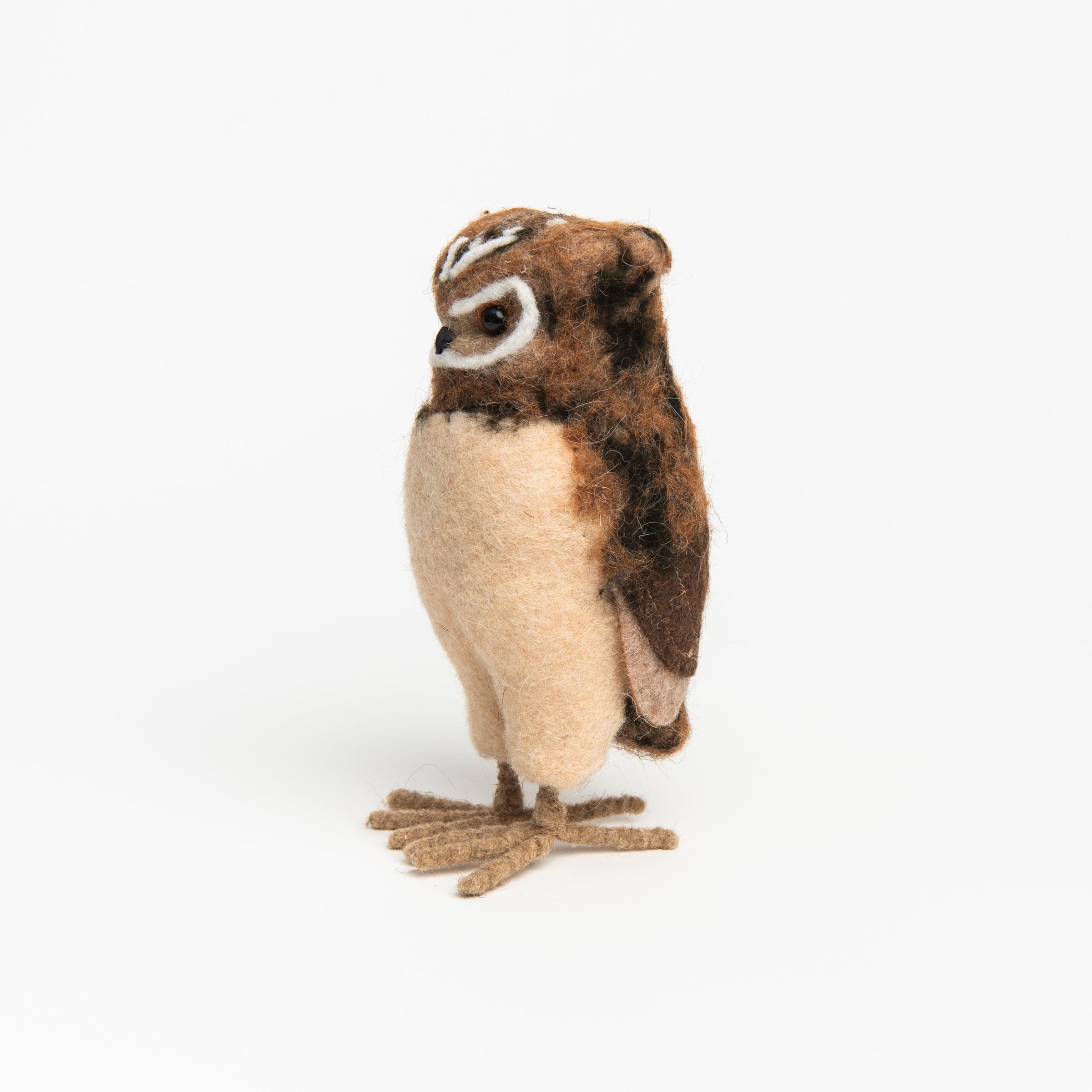 Handmade Wool Felt Burrowing Owl on a white background at Addison West