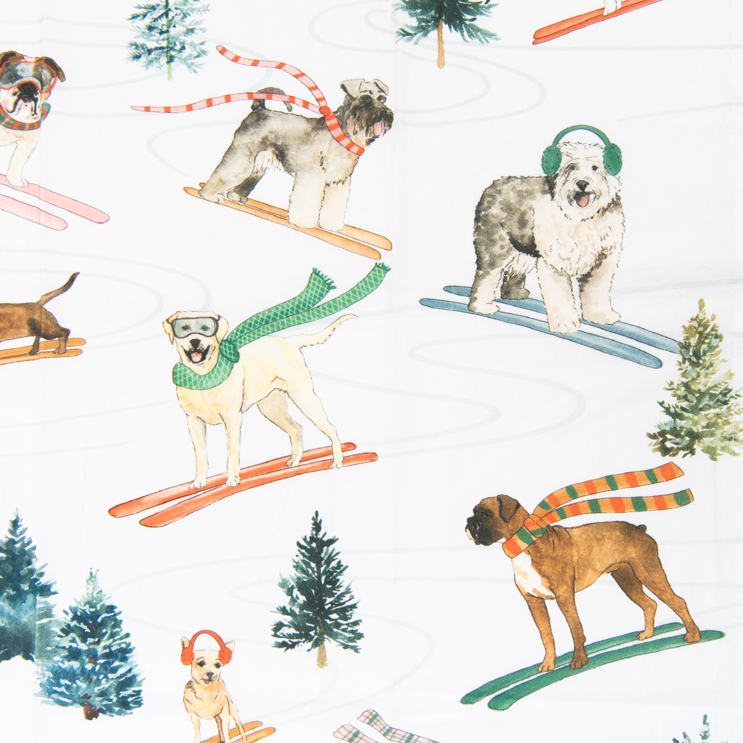 Close up of Holiday Ski Dogs Tea Towel at Addison West