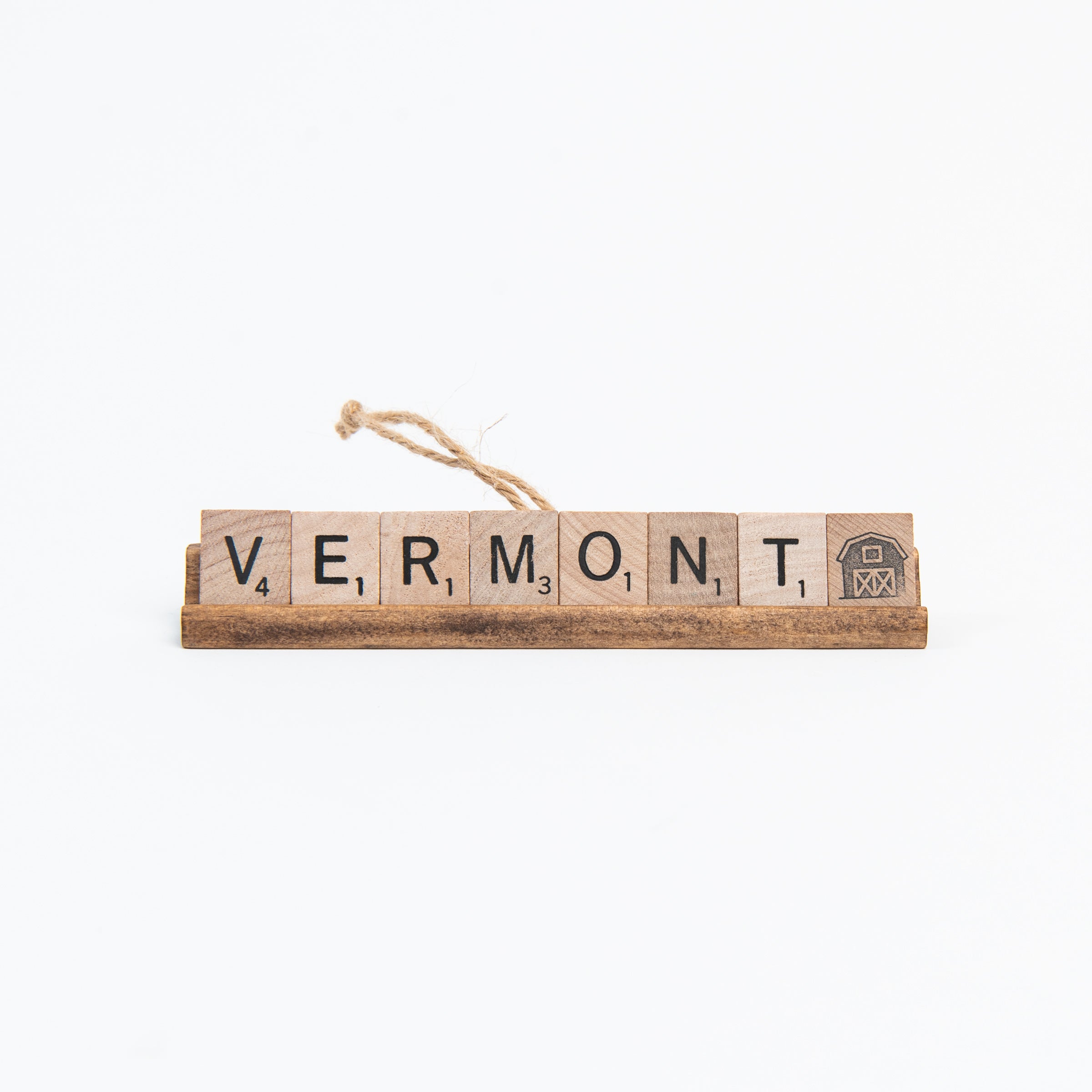 Vermont Scrabble Ornament on a white background at Addison West