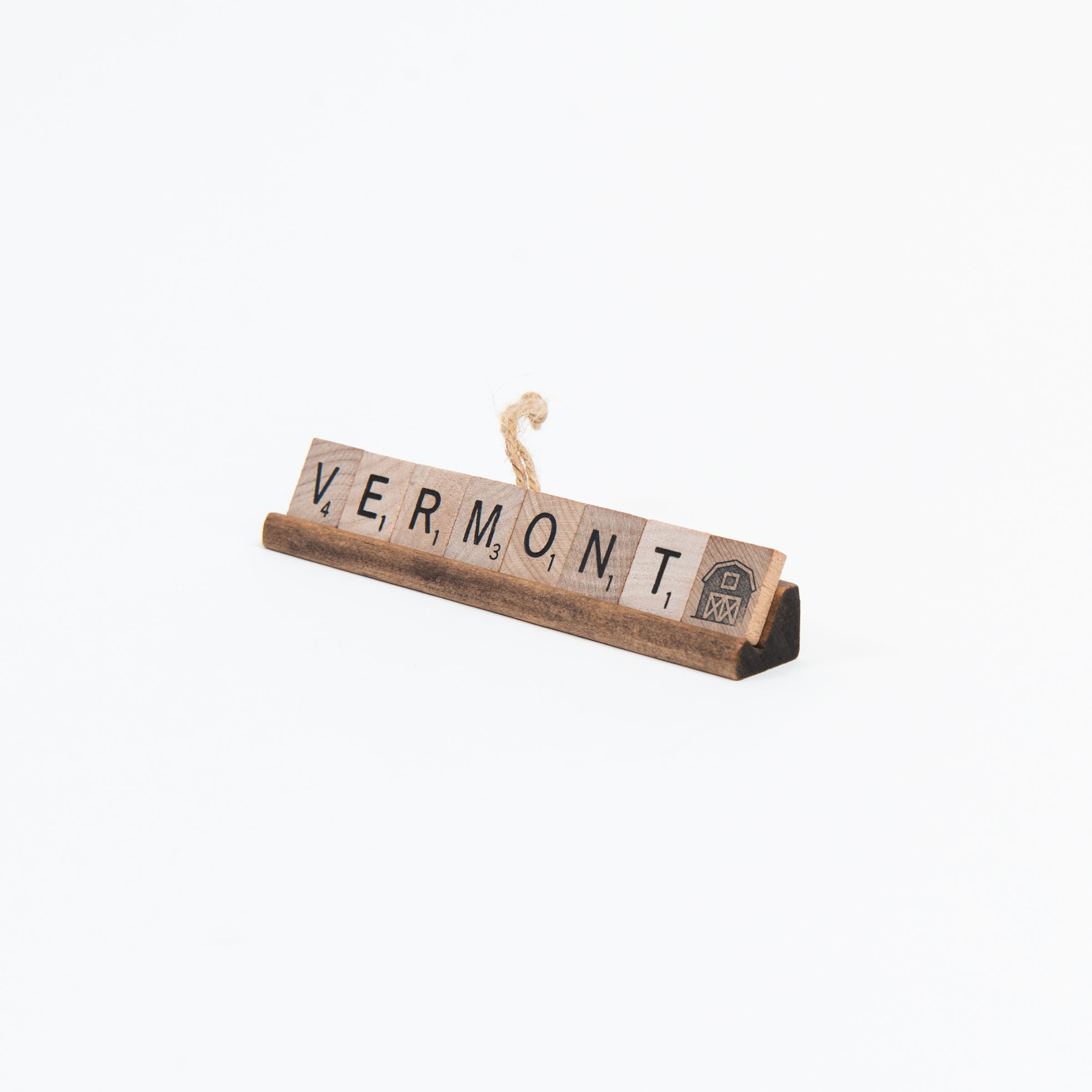 Vermont Scrabble Ornament on a white background at Addison West