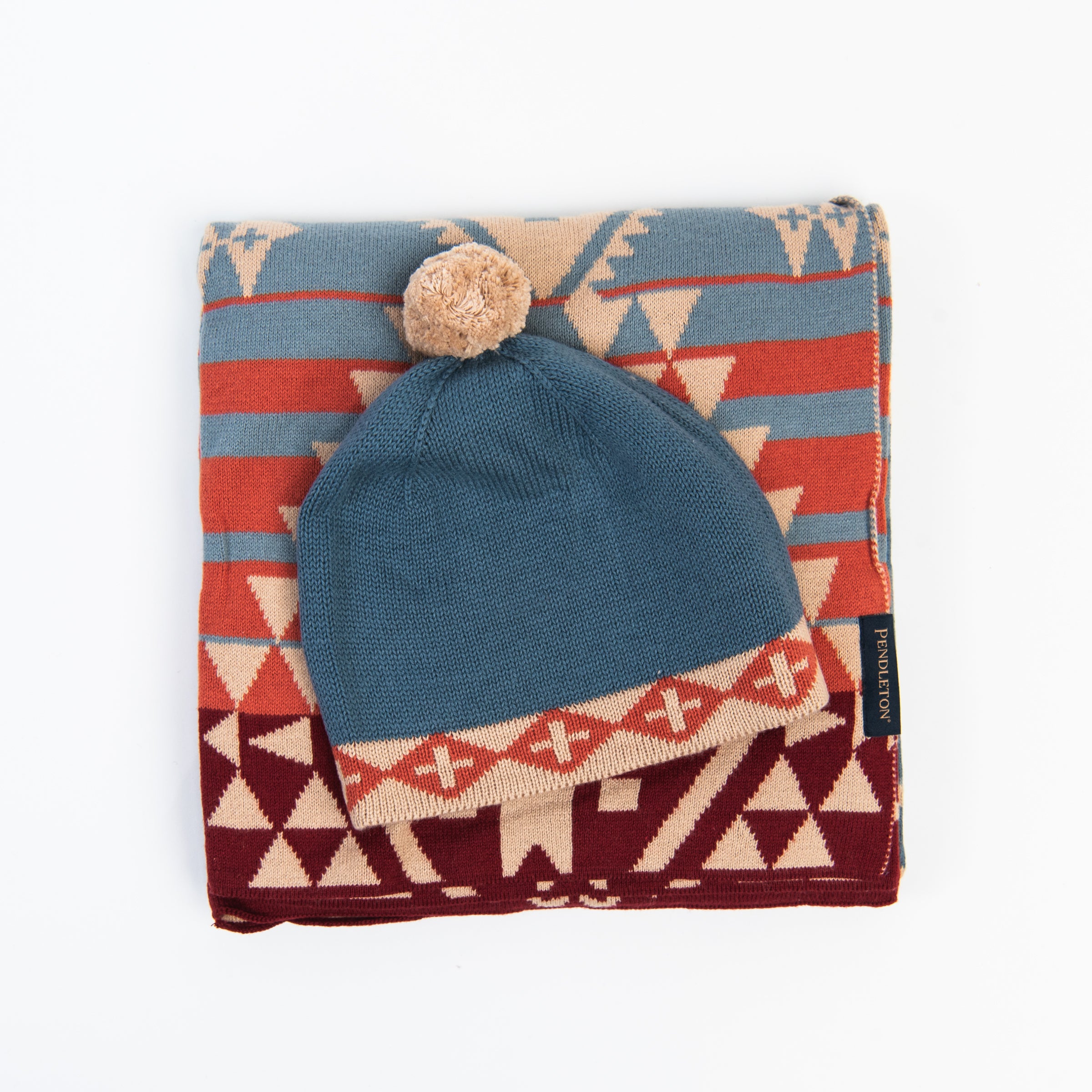 Pendleton Knit Baby Blanket and Beanie in Desert Sky on a white background at Addison West