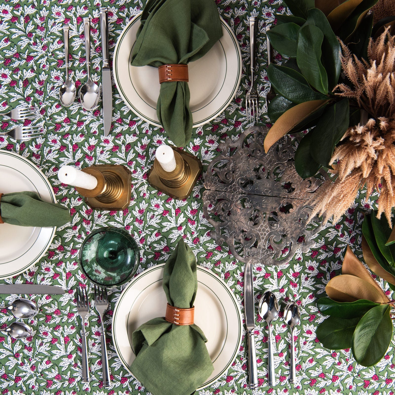 Block Print Tablecloth in Wakame Green on a table at Addison West