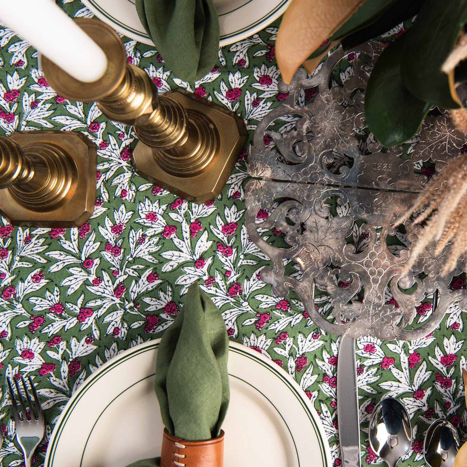 Block Print Tablecloth in Wakame Green on a table at Addison West