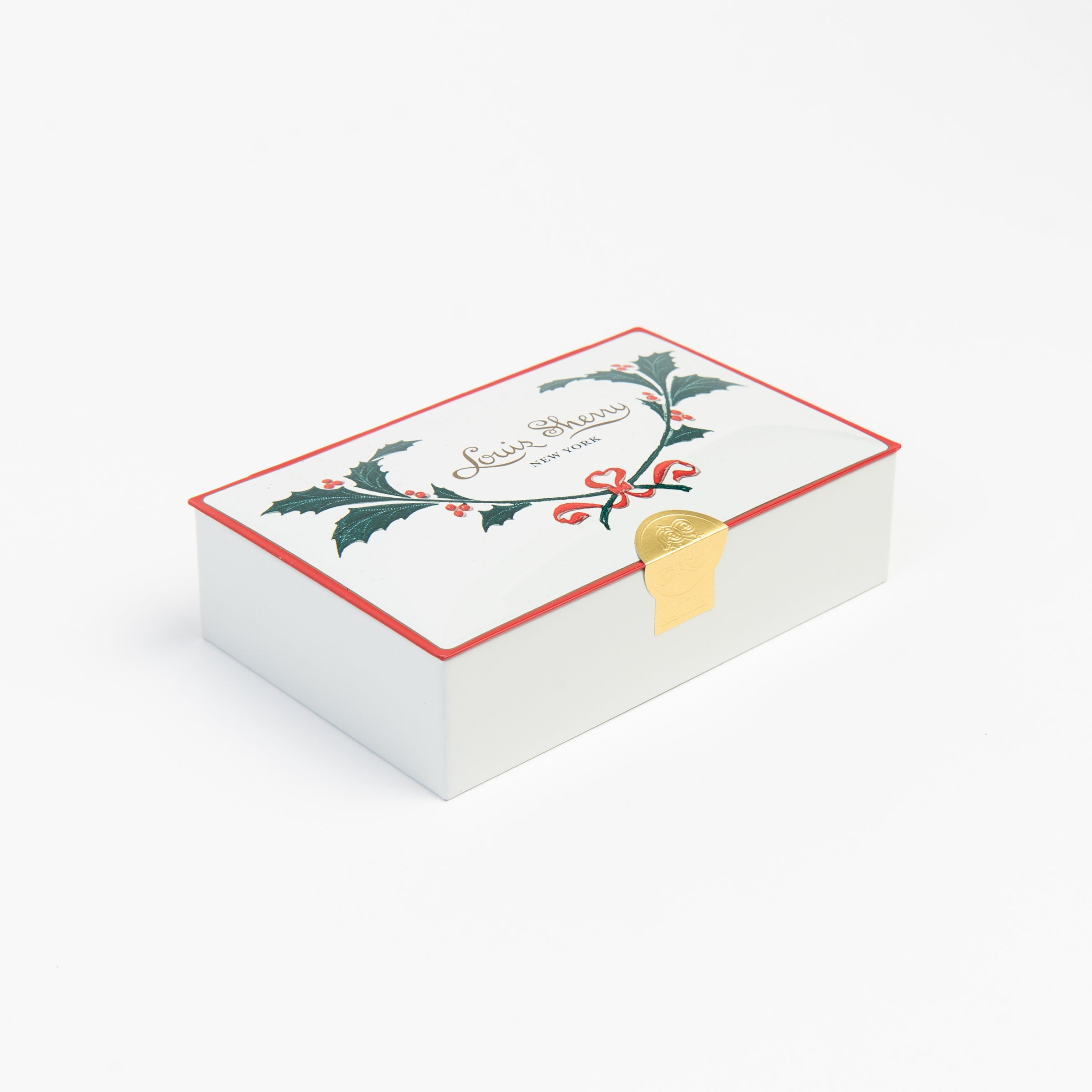 Louis Sherry Holiday Holly 12 Piece Tin on a white background at Addison West