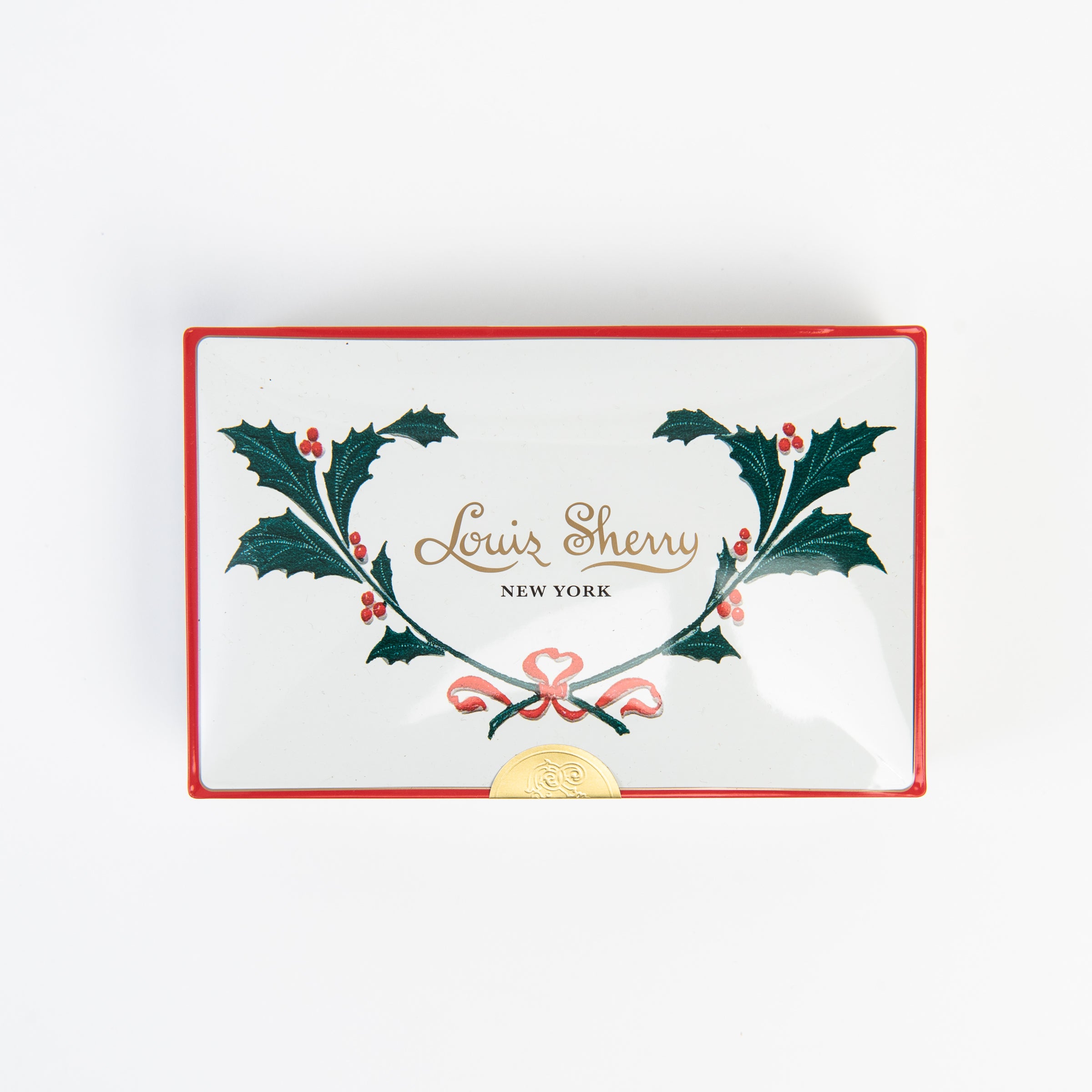 Louis Sherry Holiday Holly 12 Piece Tin on a white background at Addison West