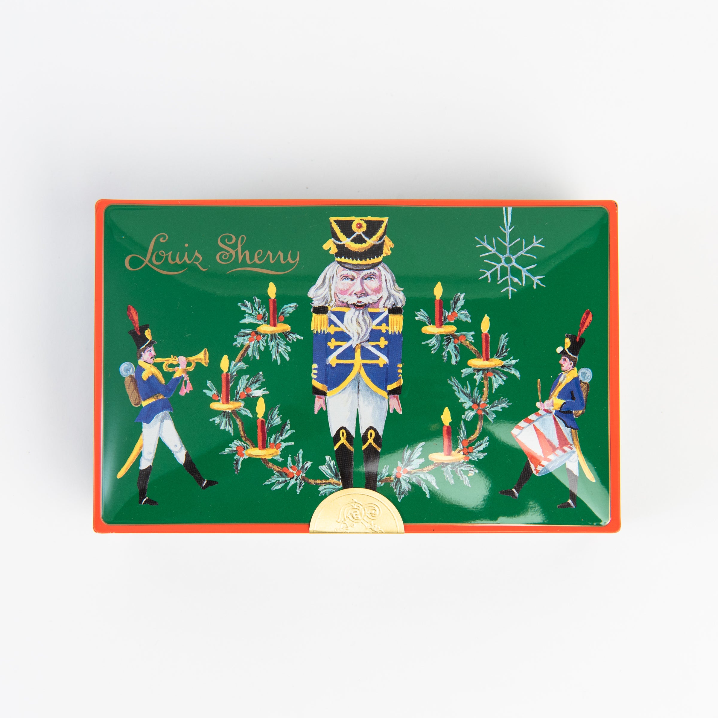 Louis Sherry Green Nutcracker 12 Piece Tin on a white background at Addison West