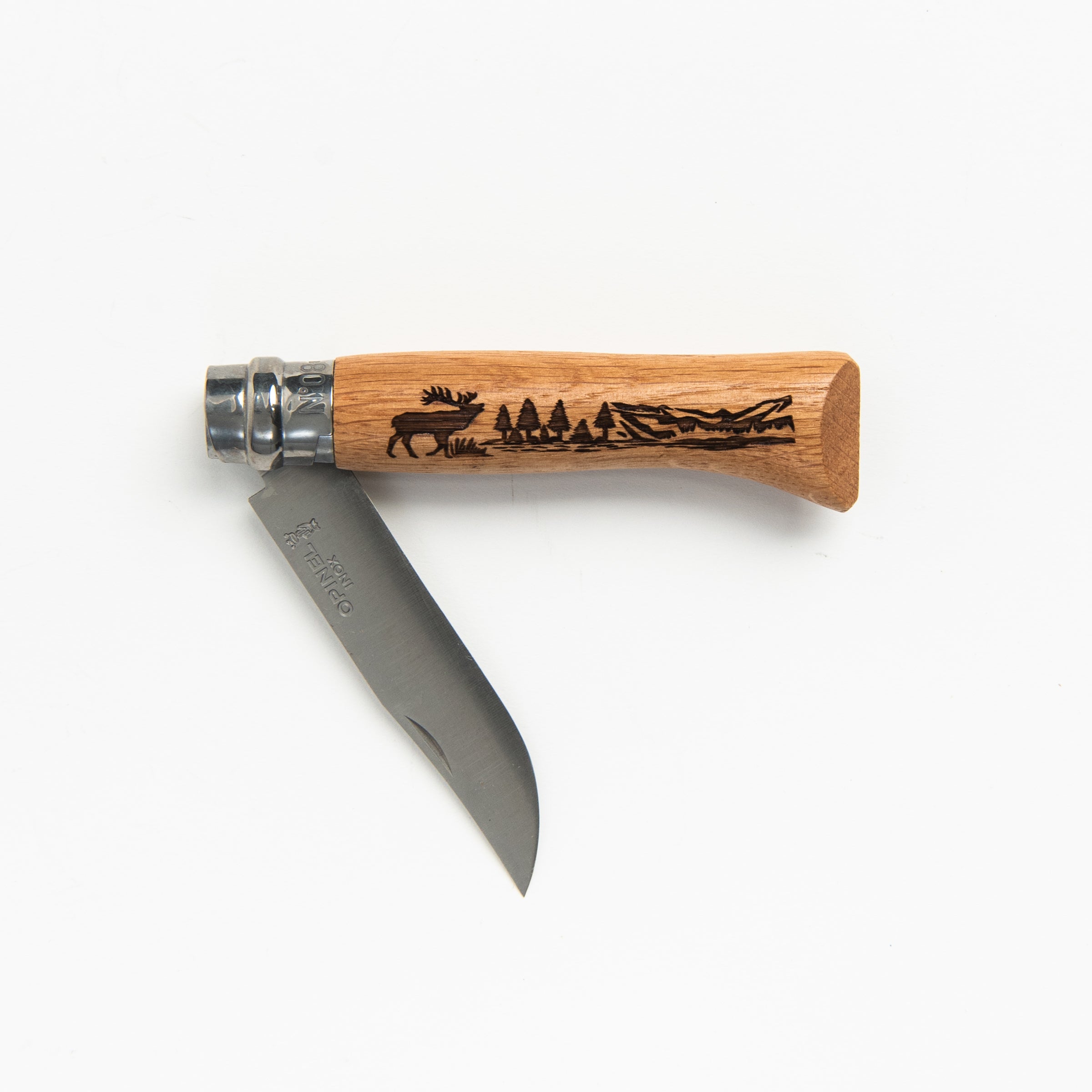 Opinel No. 08 Deer Stainless Steel Folding Knife on a white background at Addison West