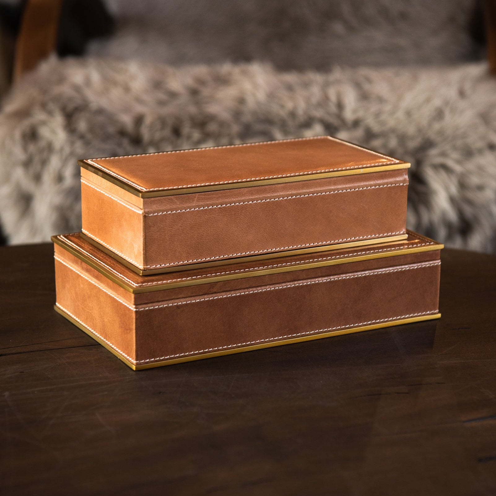 Large and small Allerona Leather Box with Brass Trim on a wood table at Addison West