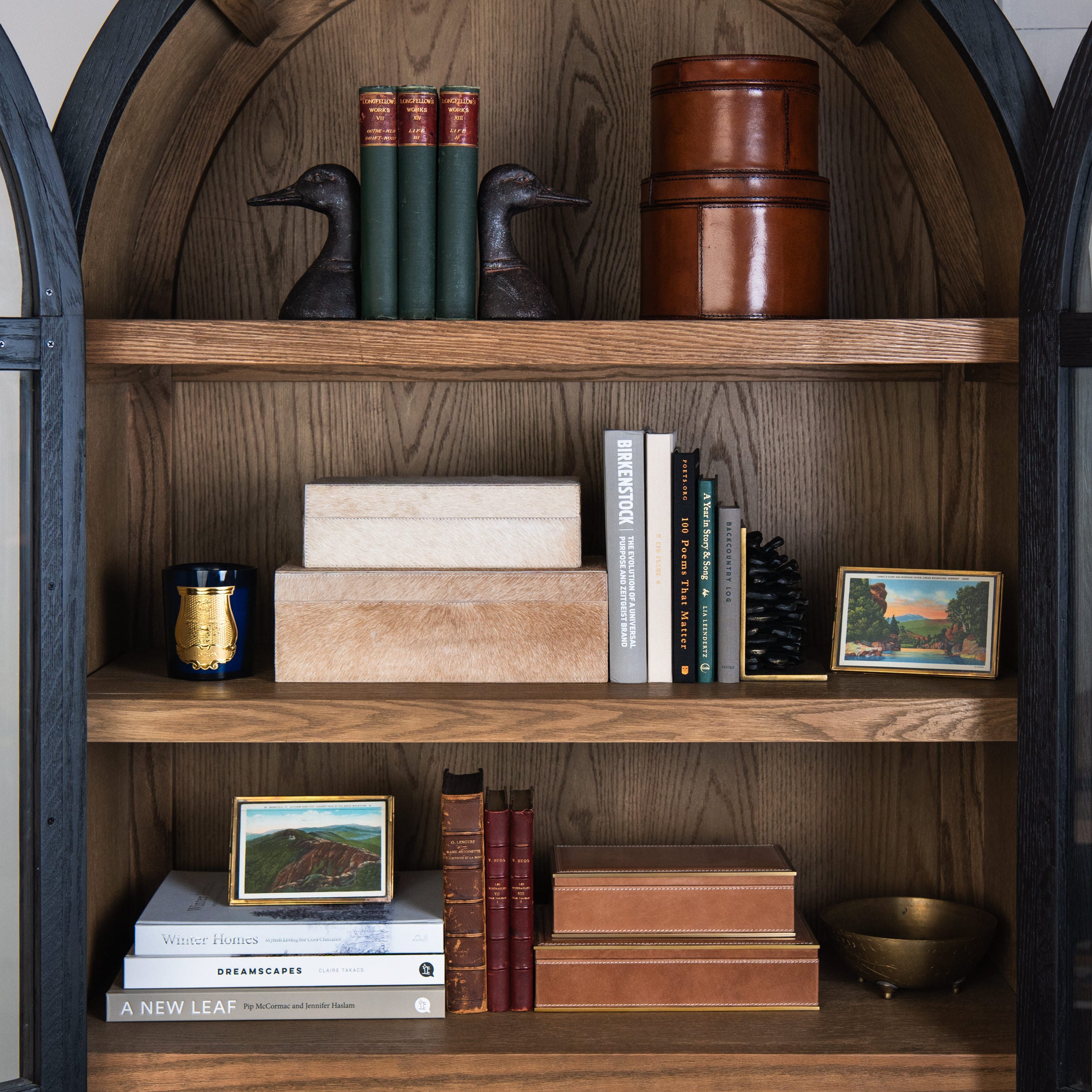 Leather and cow hide storage boxes with pinecone book end, and duck head book ends on a shelf at Addison West