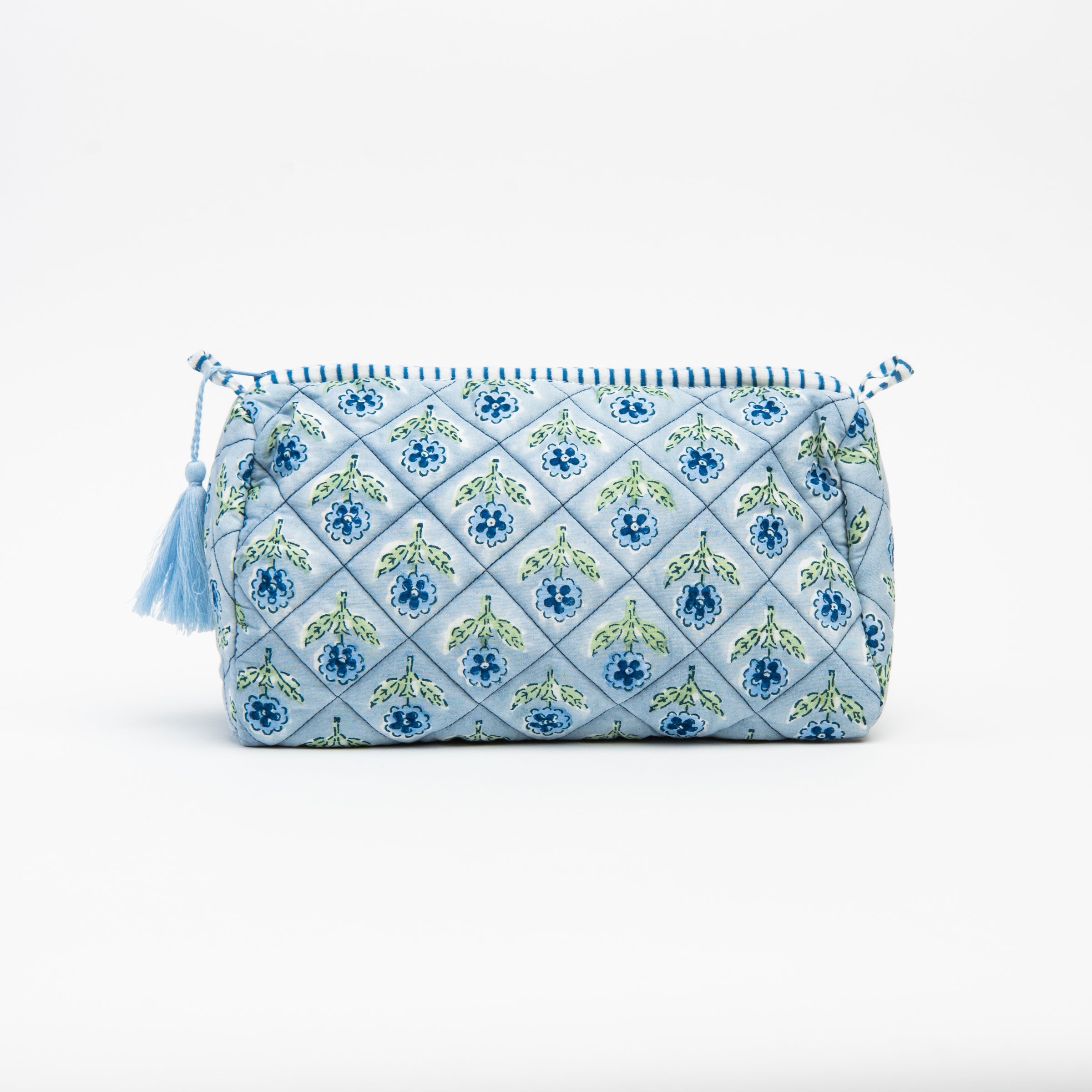 Large Mona Print Toiletry Bag in Blue on a white background at Addison West
