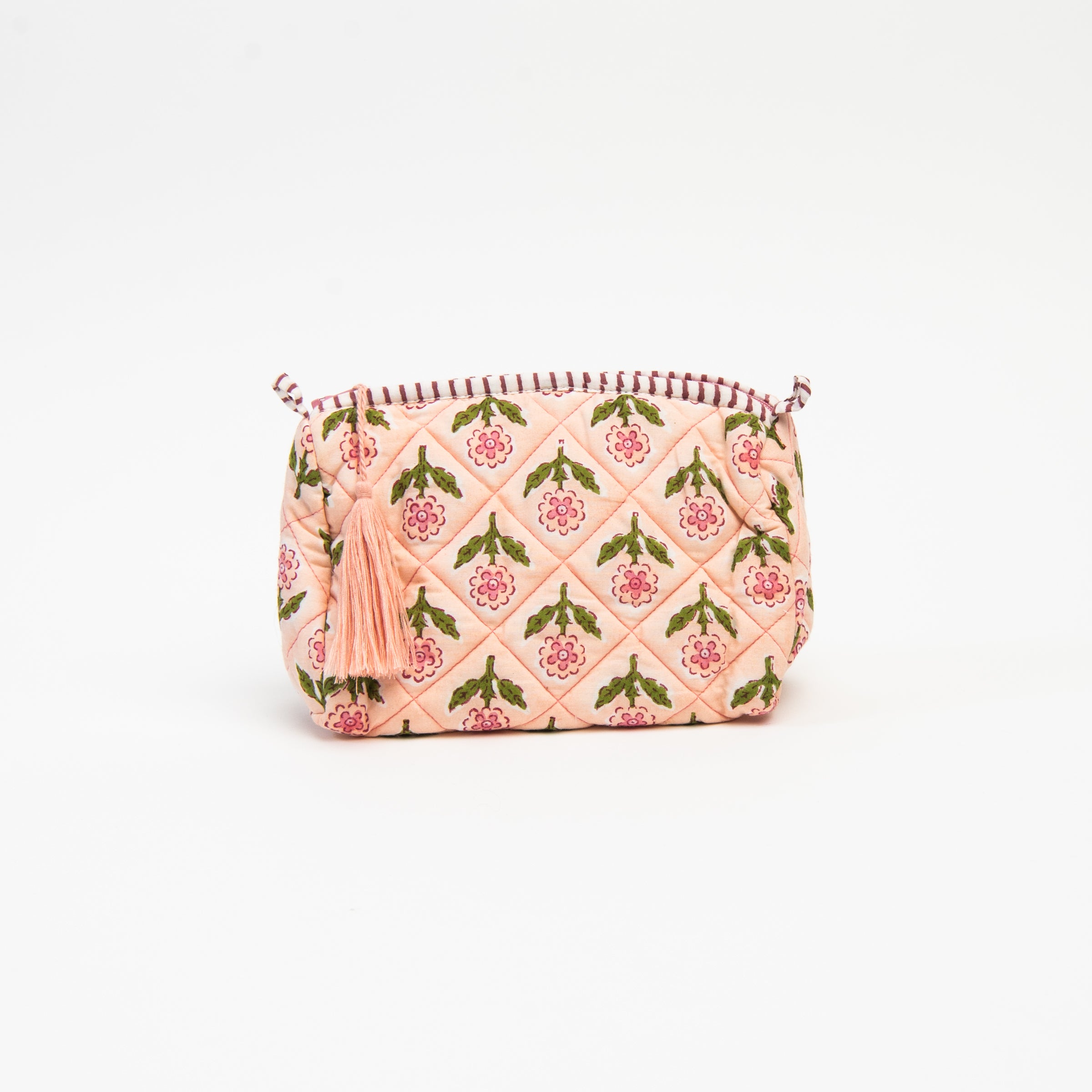 Small Mona Print Toiletry Bag in Pink on a white background at Addison West