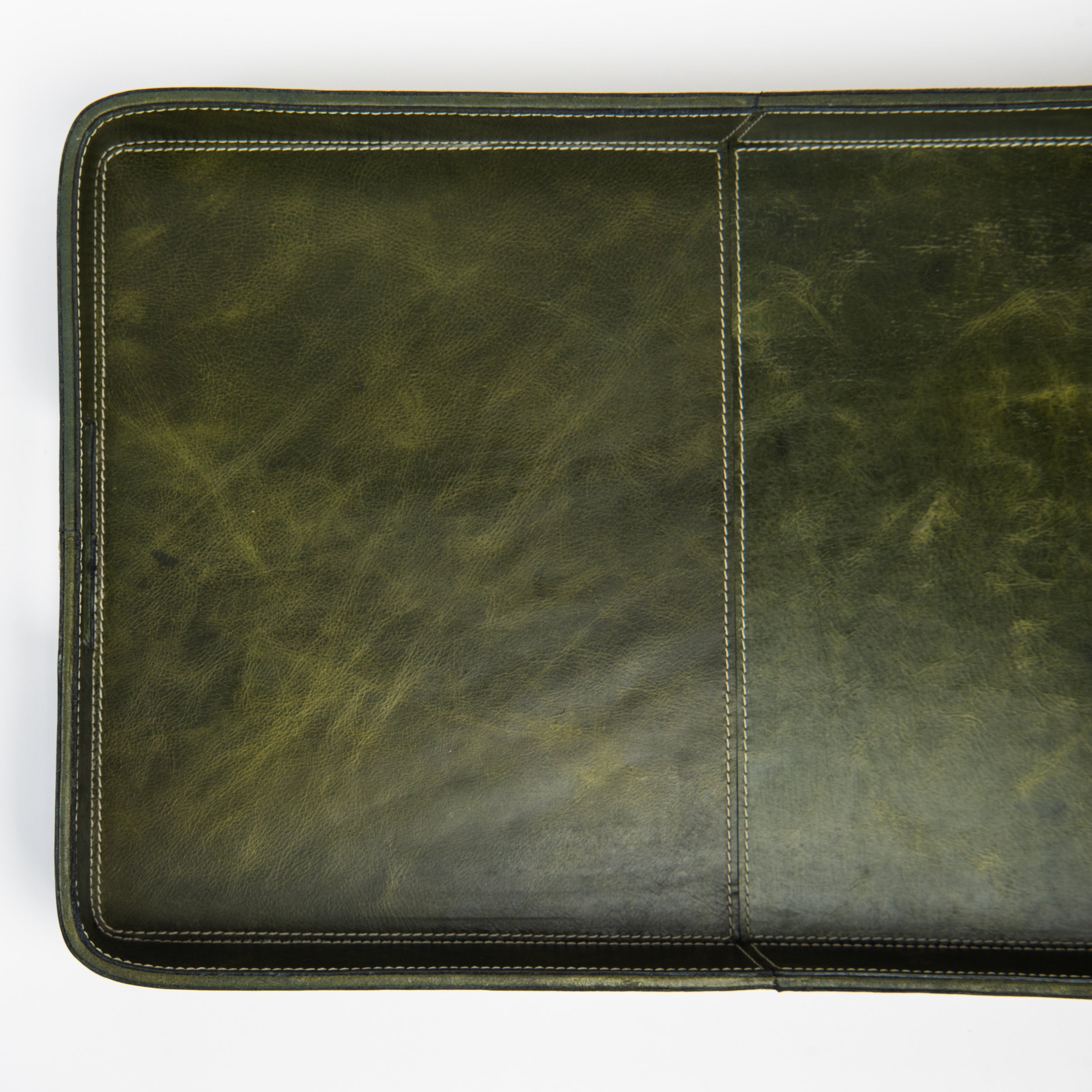 Close up of Olive Leather Tray on a white background at Addison West