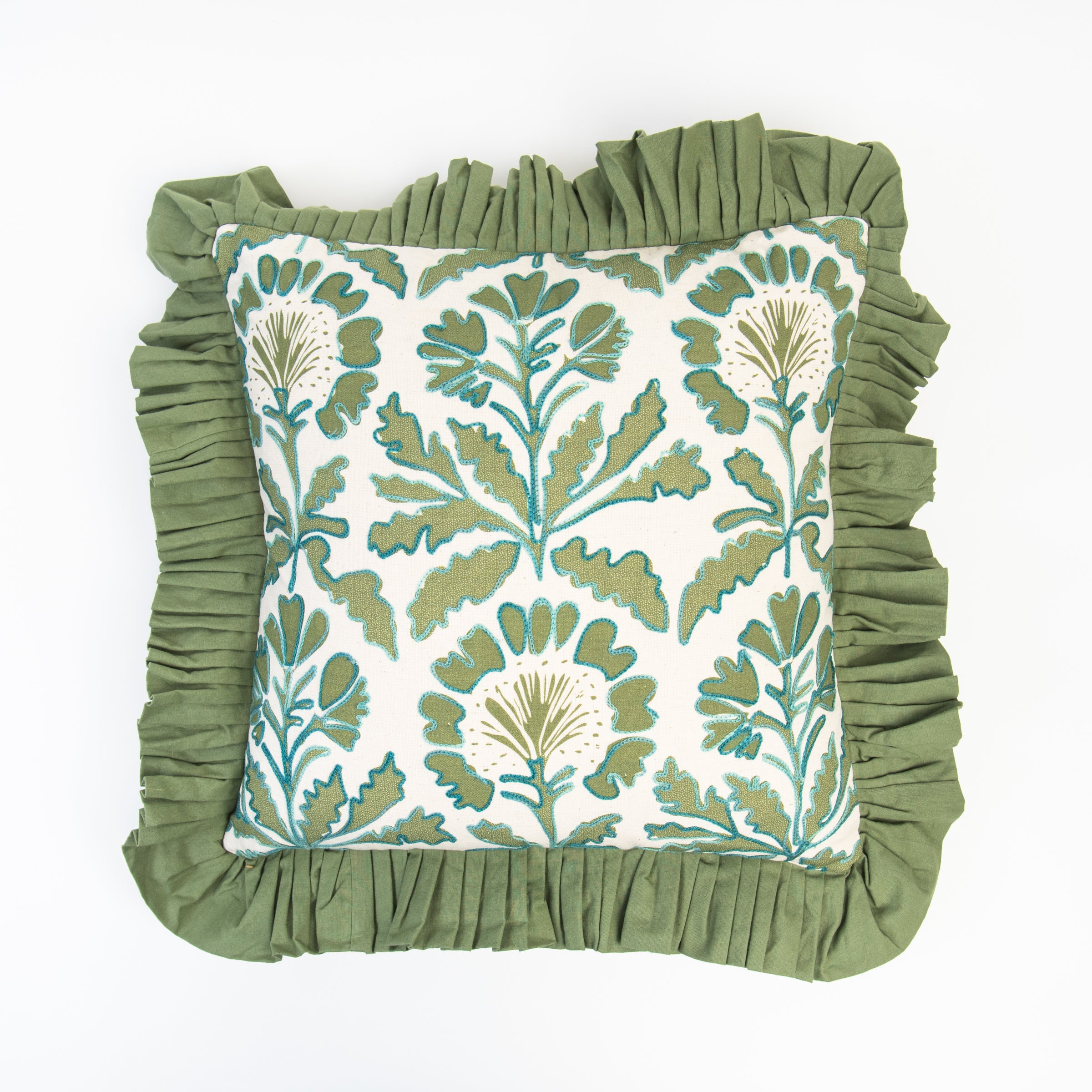 Sage Marigold Ruffle Pillow on a white background at Addison West