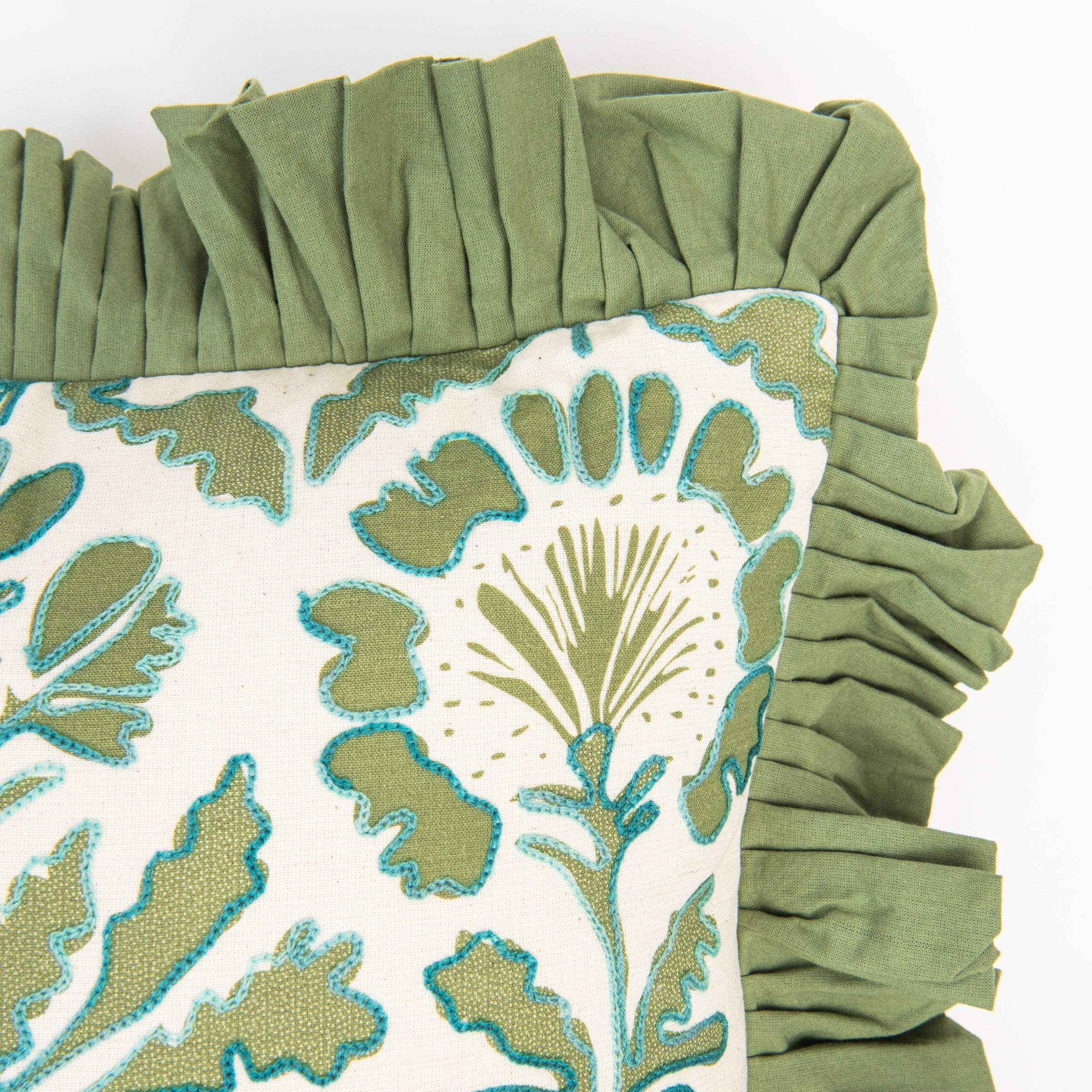 Sage Marigold Ruffle Pillow on a white background at Addison West