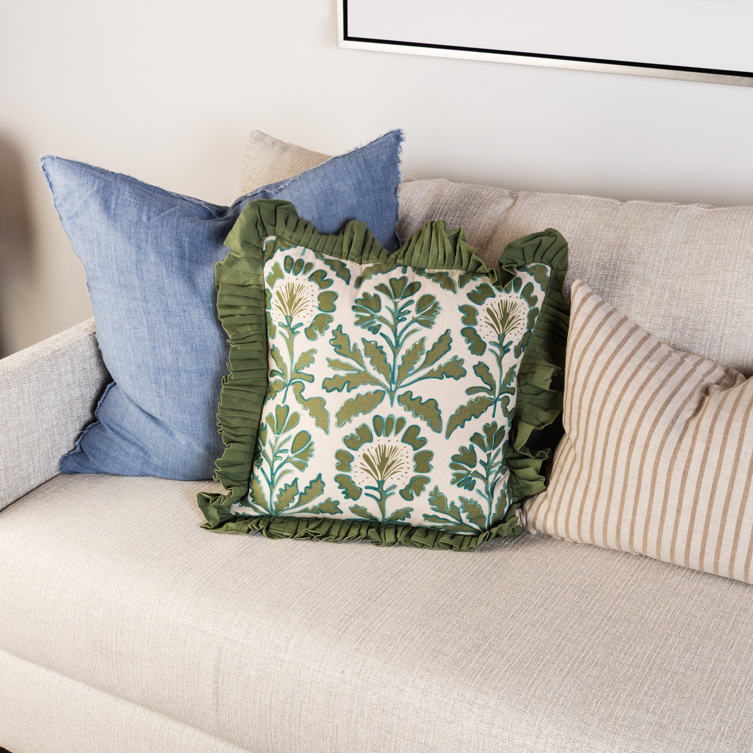 Pinstripe Linen Lumbar Pillow on a sofa at Addison West
