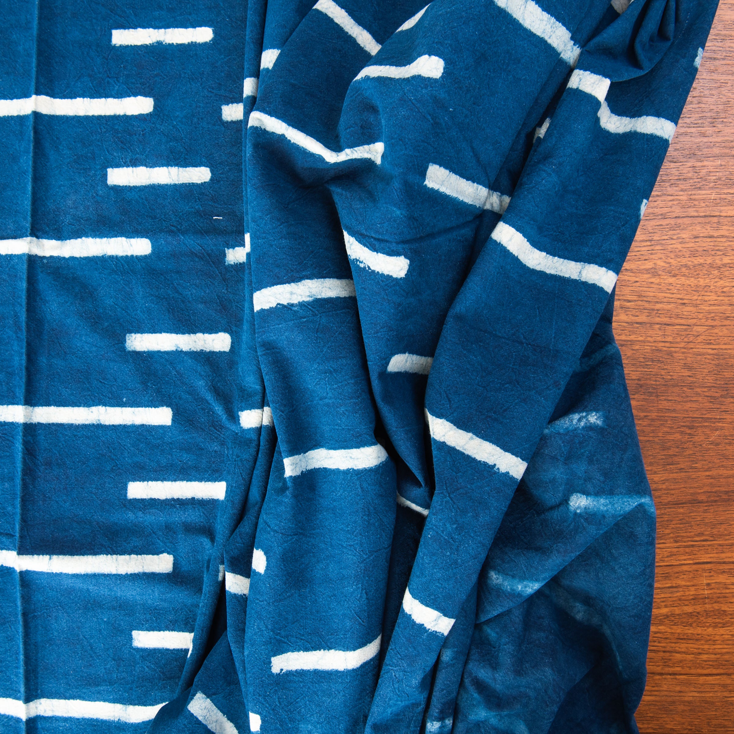 Indigo Block Print Tablecloth, 60" x 104" on a table at Addison West