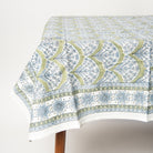 Summer Sage Block Print Tablecloth on a table at Addison West