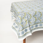 Summer Sage Block Print Tablecloth on a table at Addison West