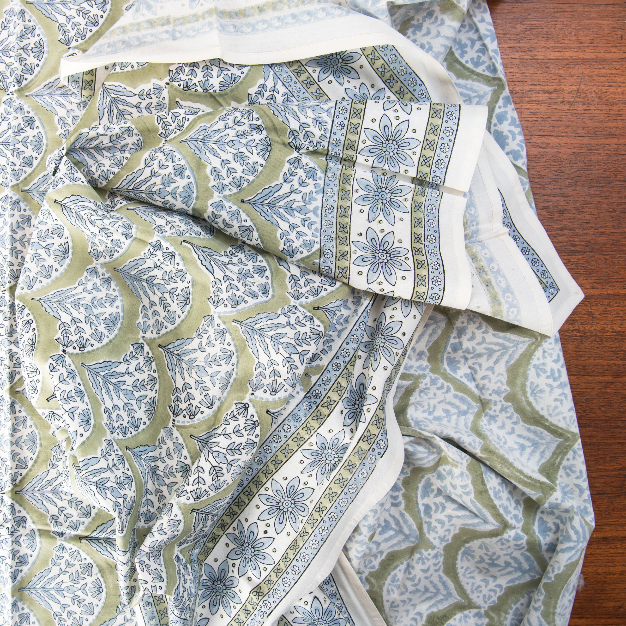 Summer Sage Block Print Tablecloth on a table at Addison West