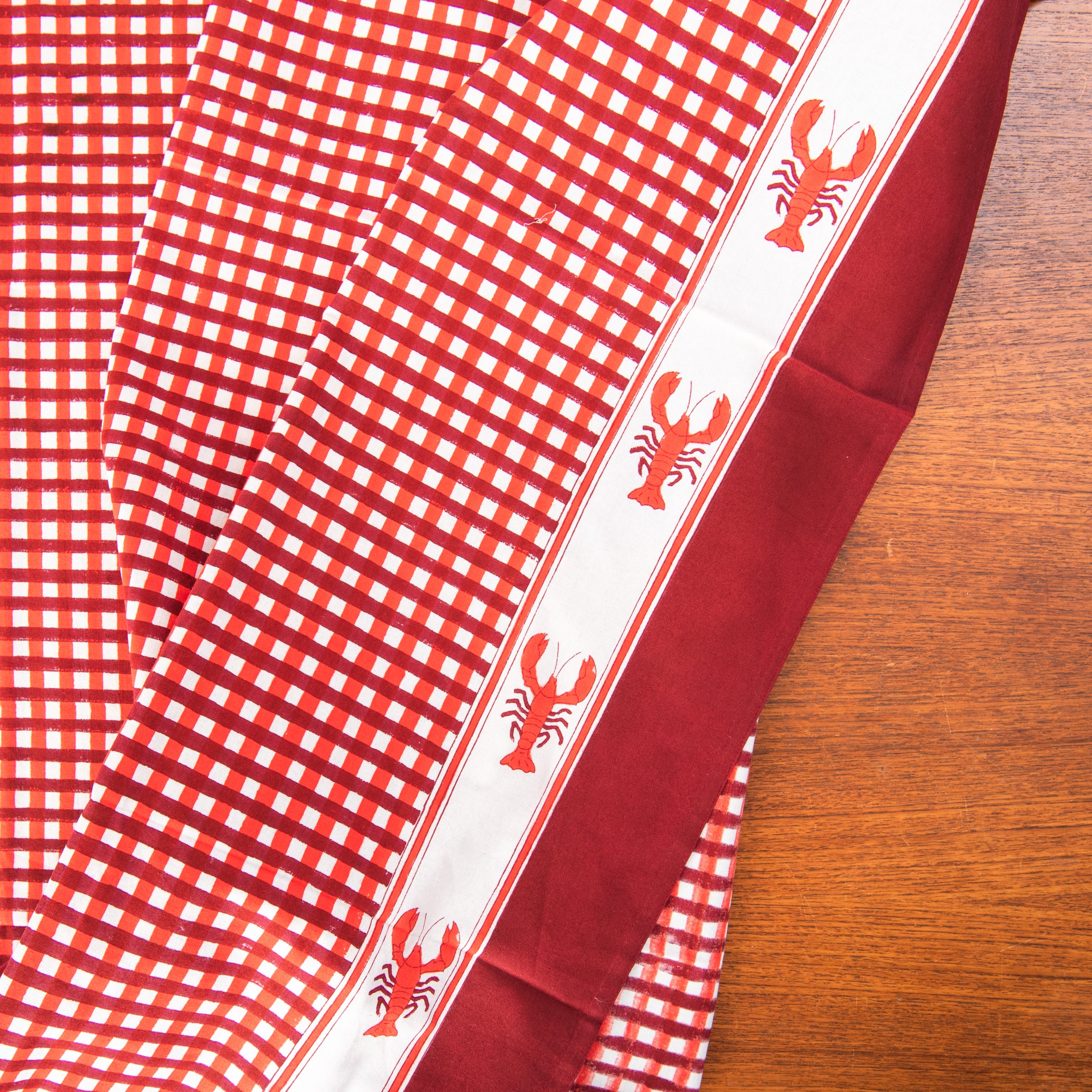 Lobster Blockprint Tablecloth, 60" x 90" on a table at Addison West