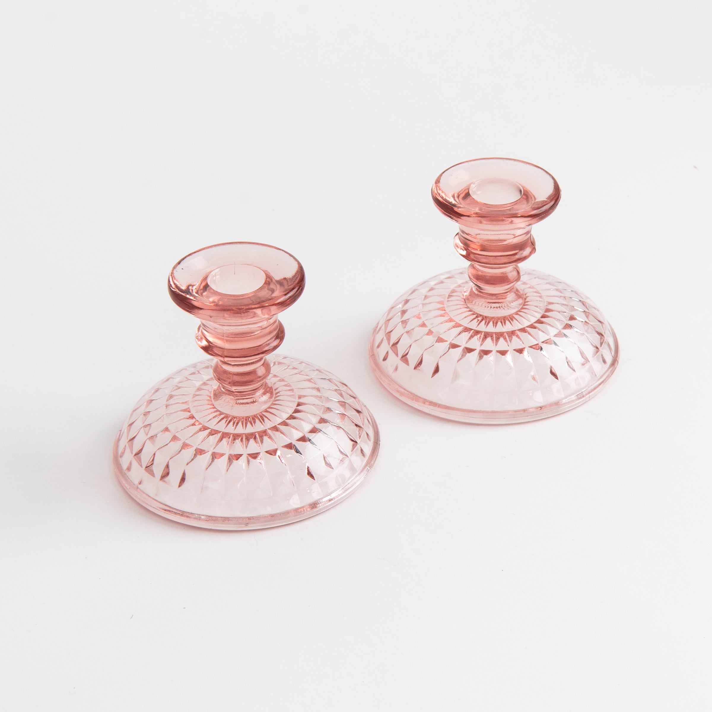 Vintage Blush Pressed Glass Candle Holders, Set of 2 on a white background at Addison West