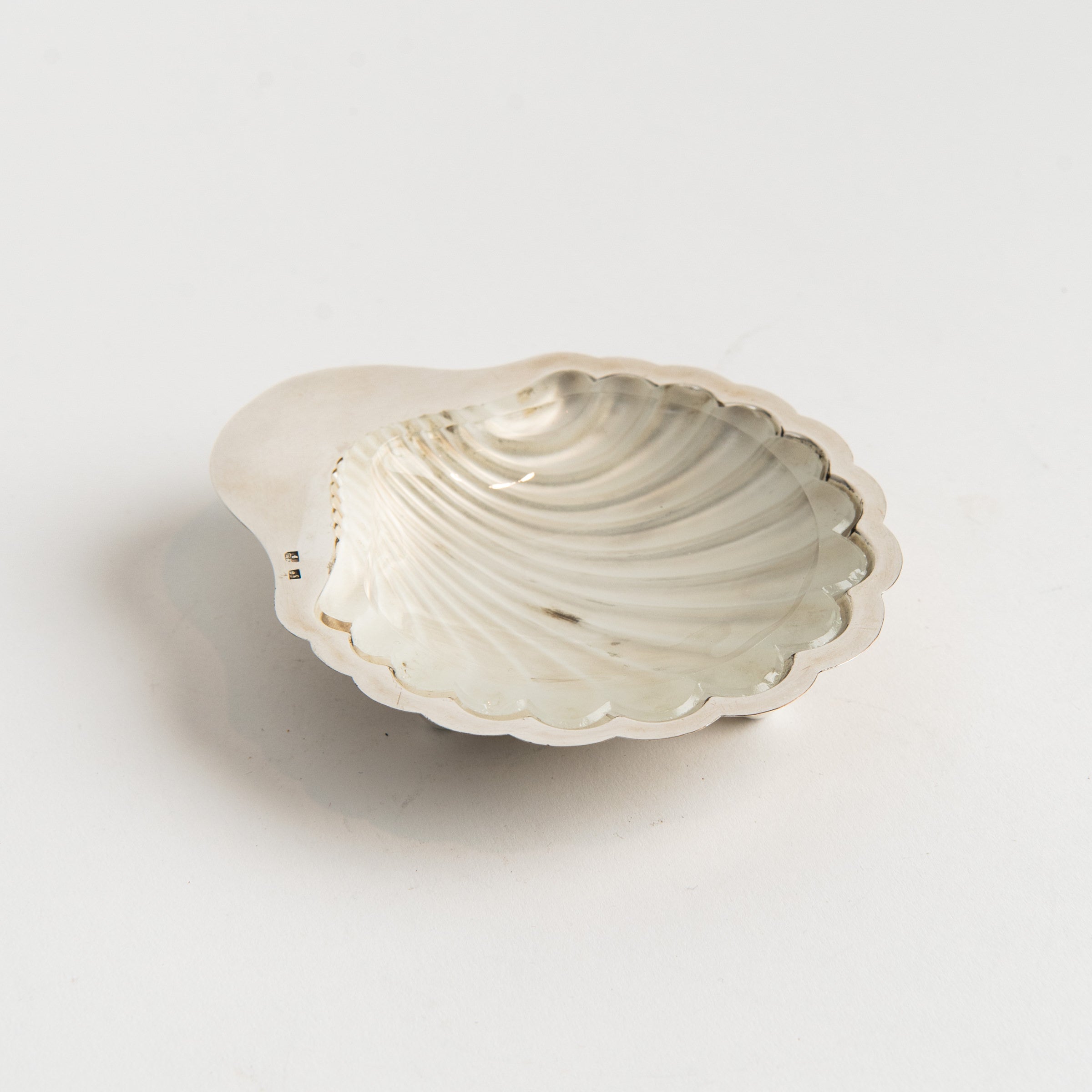 Vintage French Silver Shell Tray with Glass Insert on a white background at Addison West