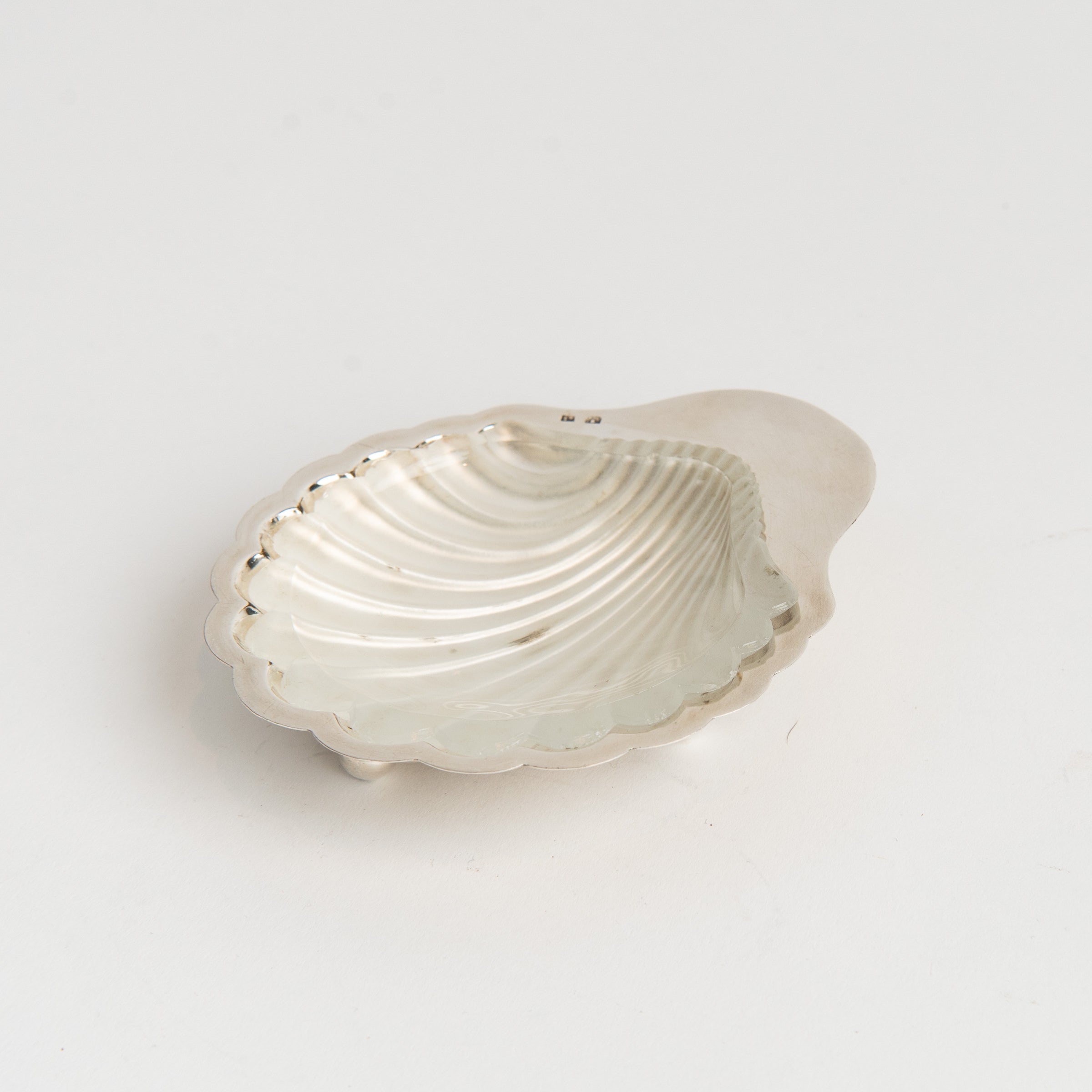 Vintage French Silver Shell Tray with Glass Insert on a white background at Addison West