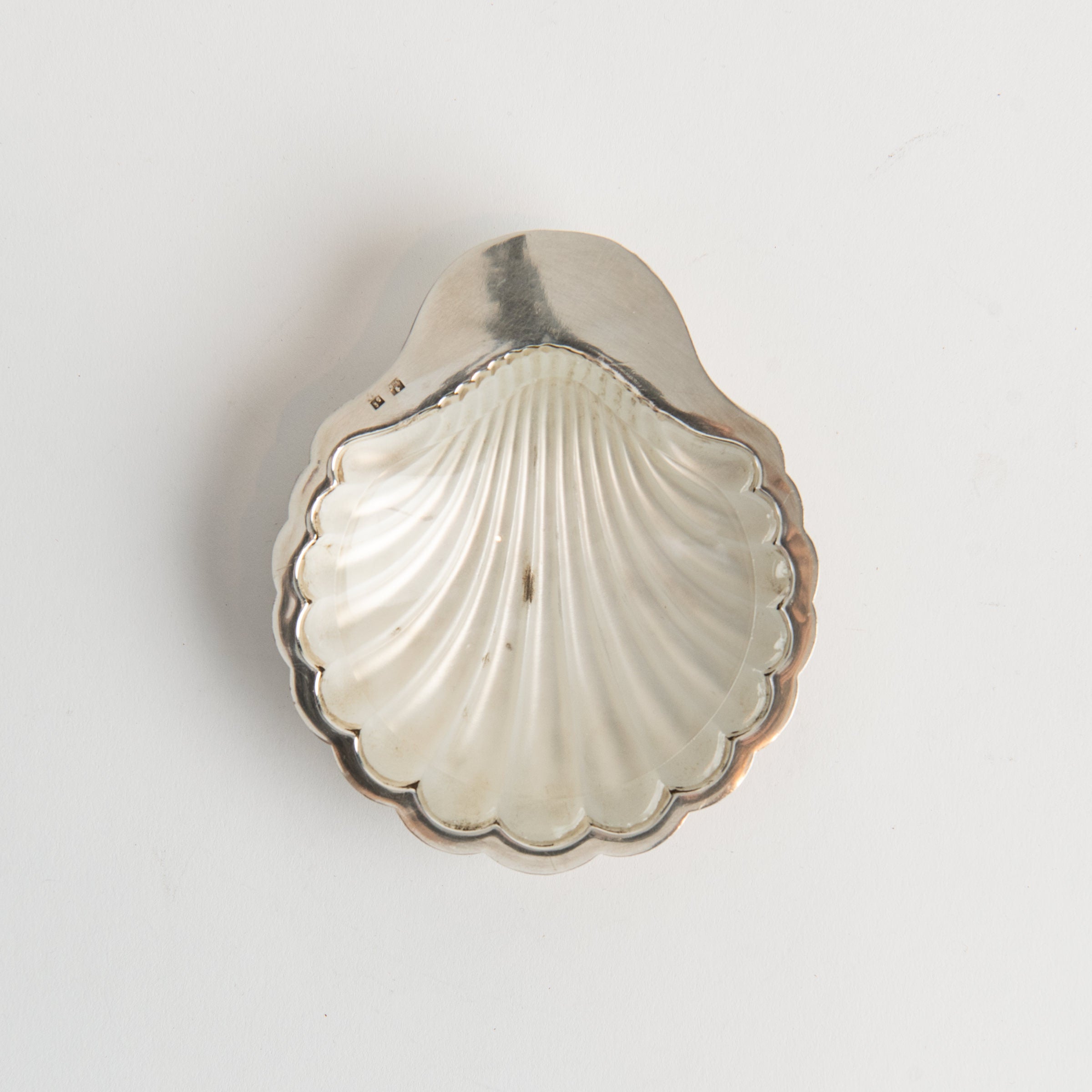 Vintage French Silver Shell Tray with Glass Insert on a white background at Addison West