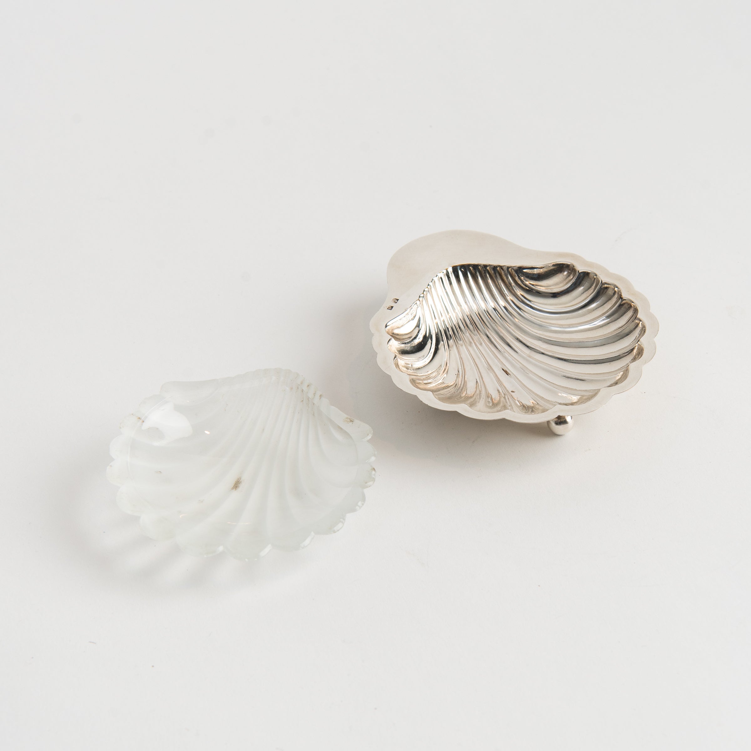Vintage French Silver Shell Tray with Glass Insert on a white background at Addison West