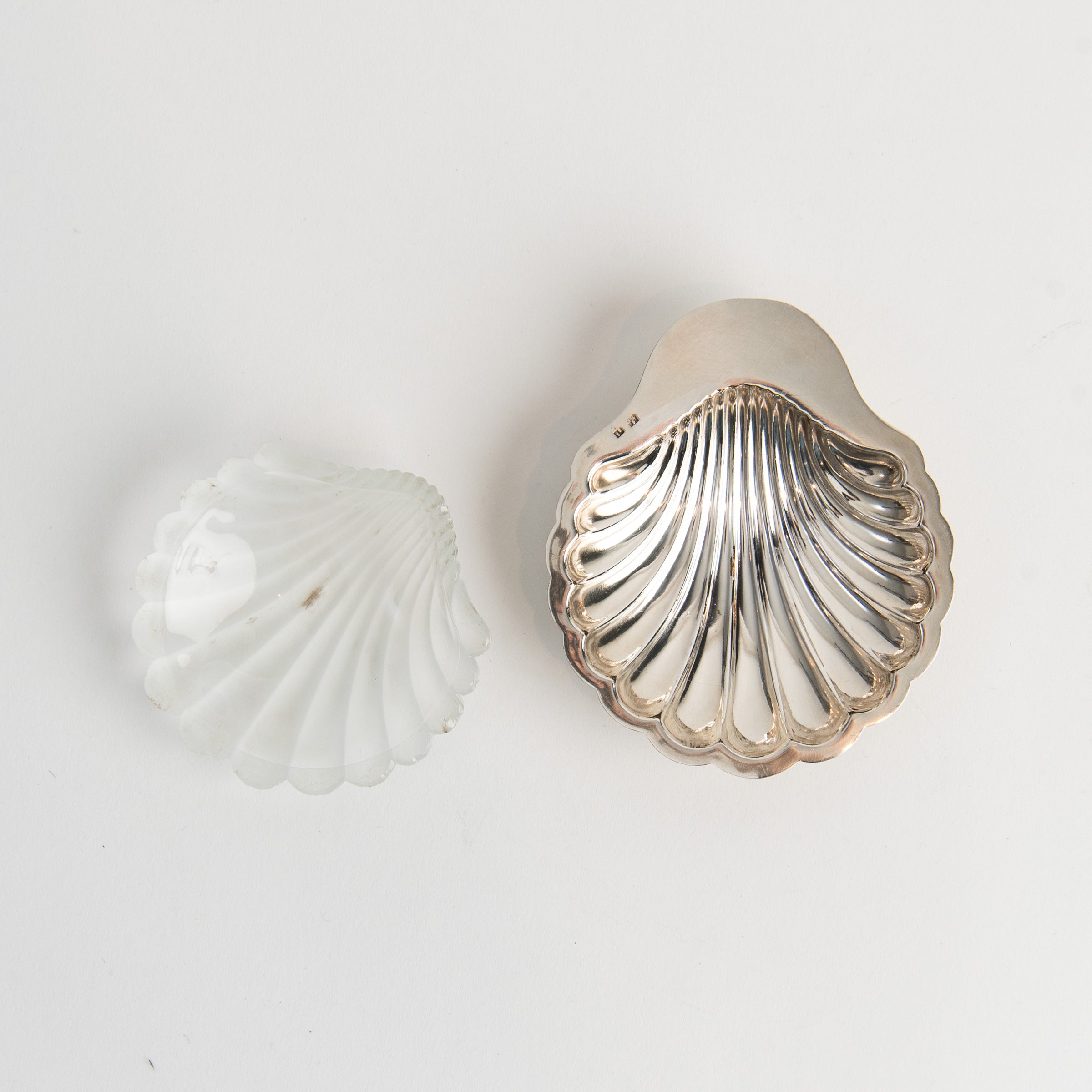 Vintage French Silver Shell Tray with Glass Insert on a white background at Addison West
