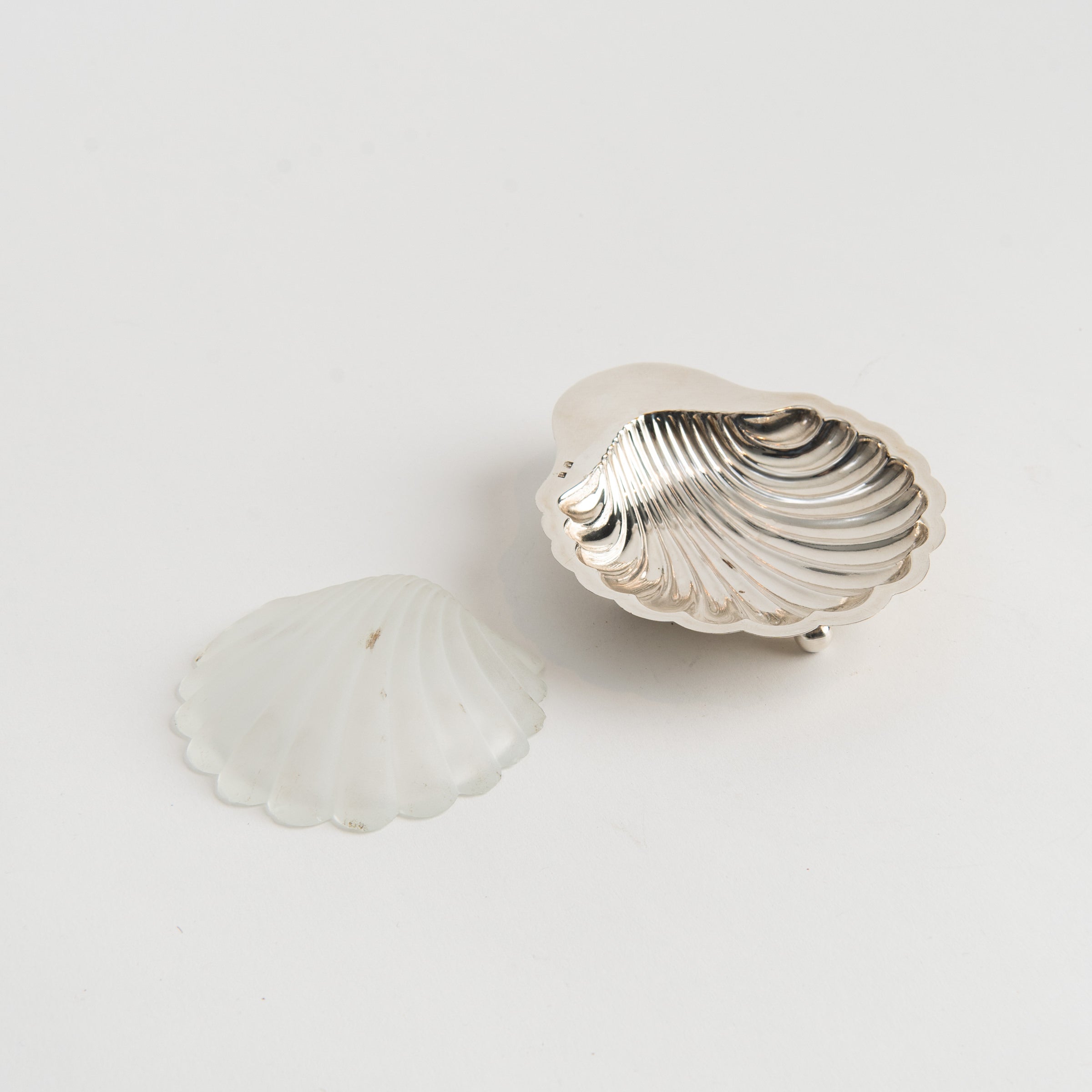 Vintage French Silver Shell Tray with Glass Insert on a white background at Addison West