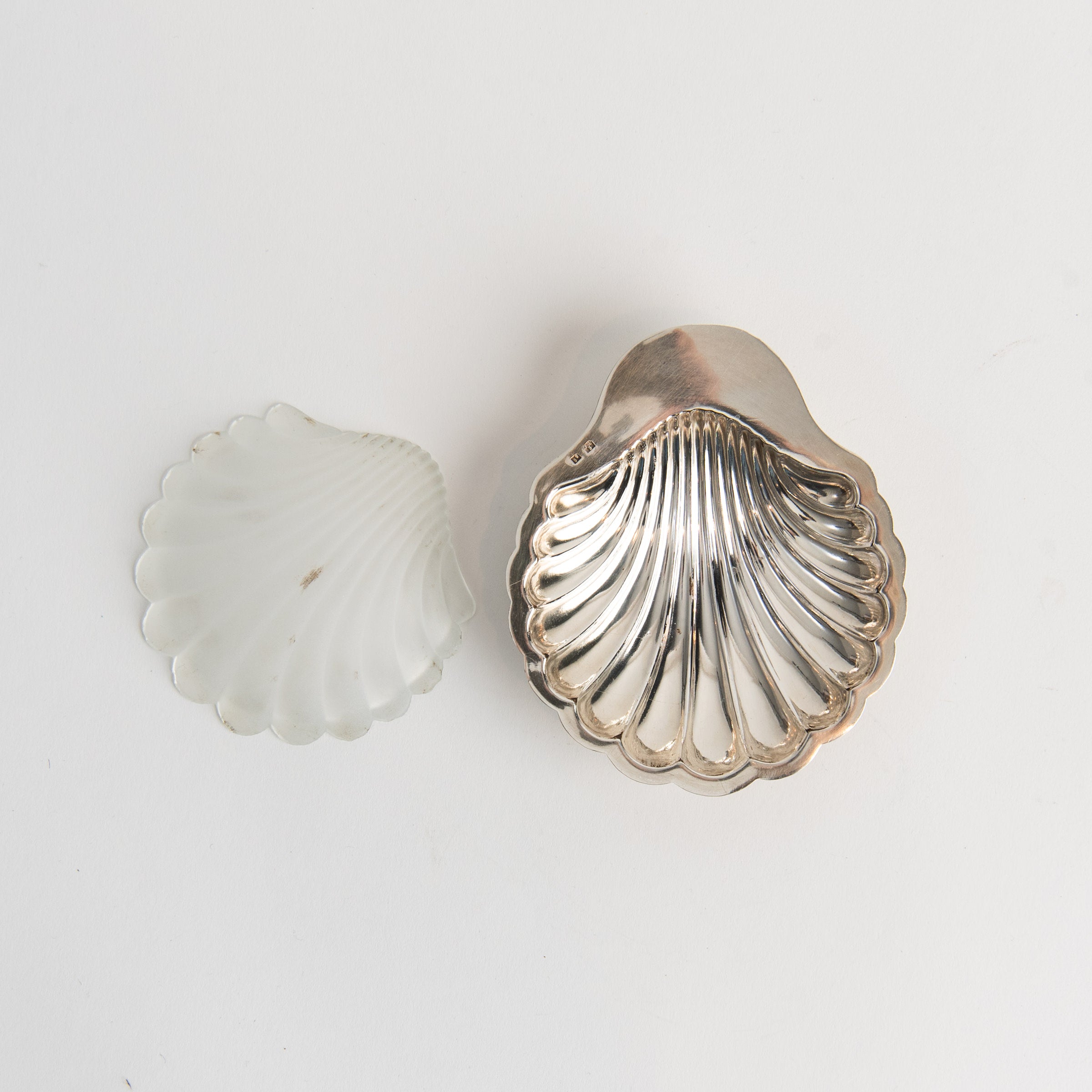 Vintage French Silver Shell Tray with Glass Insert on a white background at Addison West