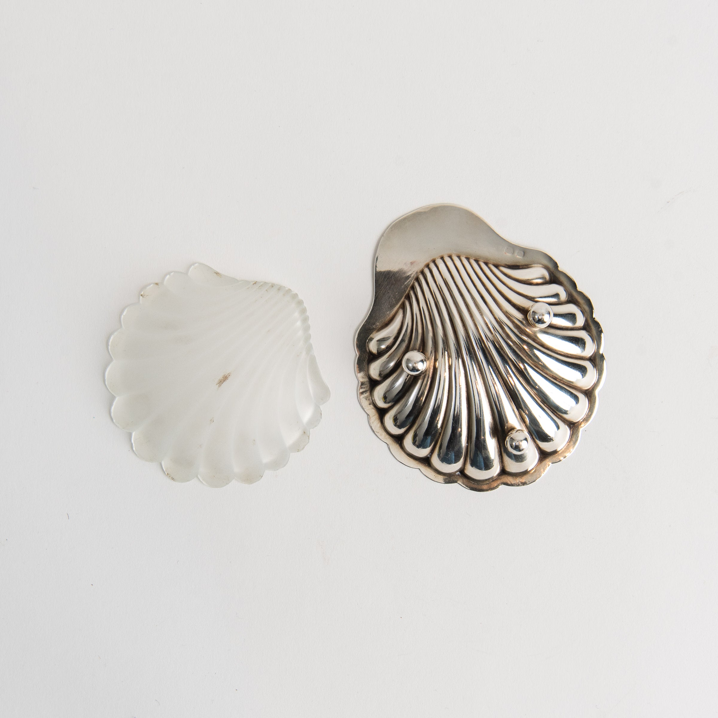 Vintage French Silver Shell Tray with Glass Insert on a white background at Addison West