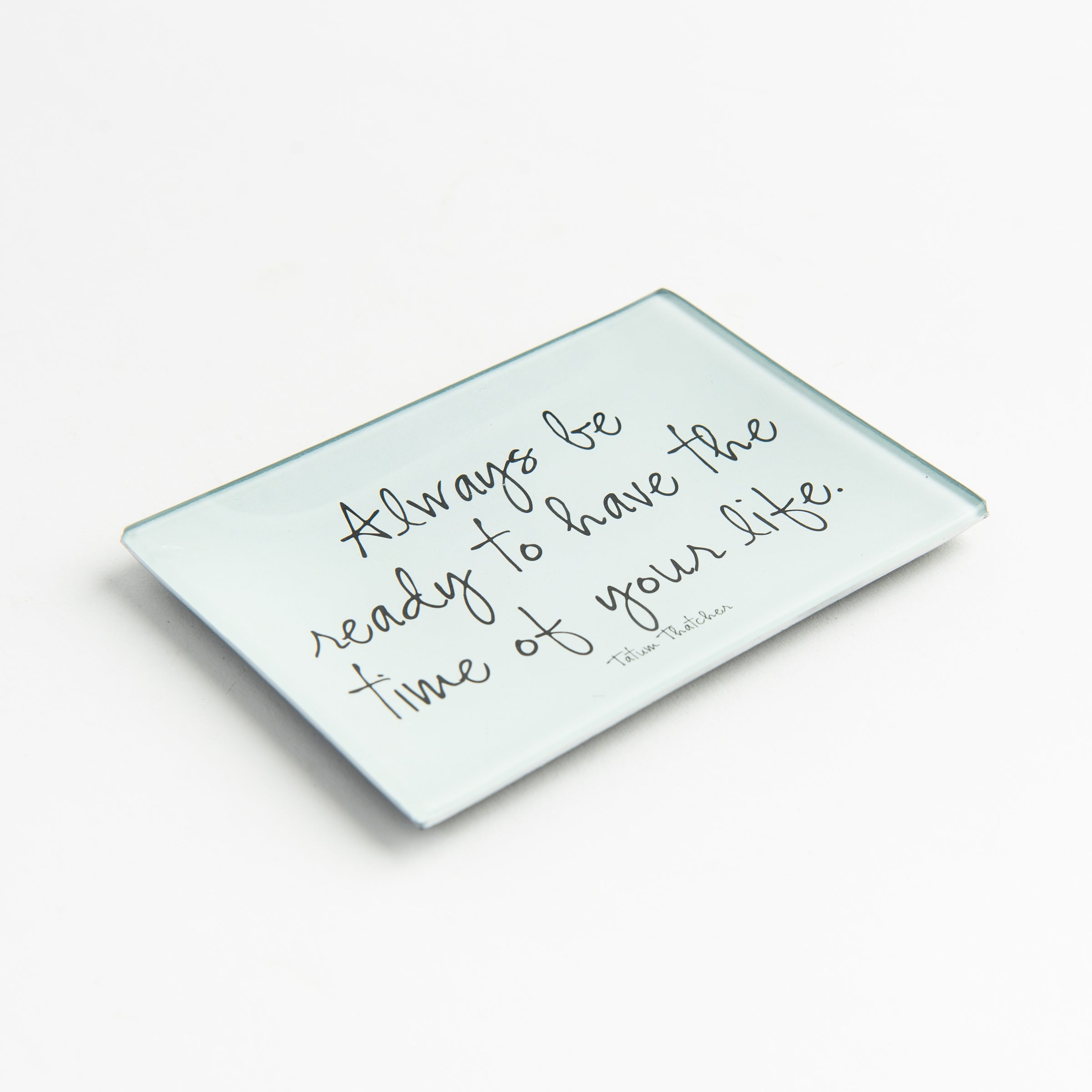 Always Be Ready Decoupage Glass Tray on a white background at Addison West