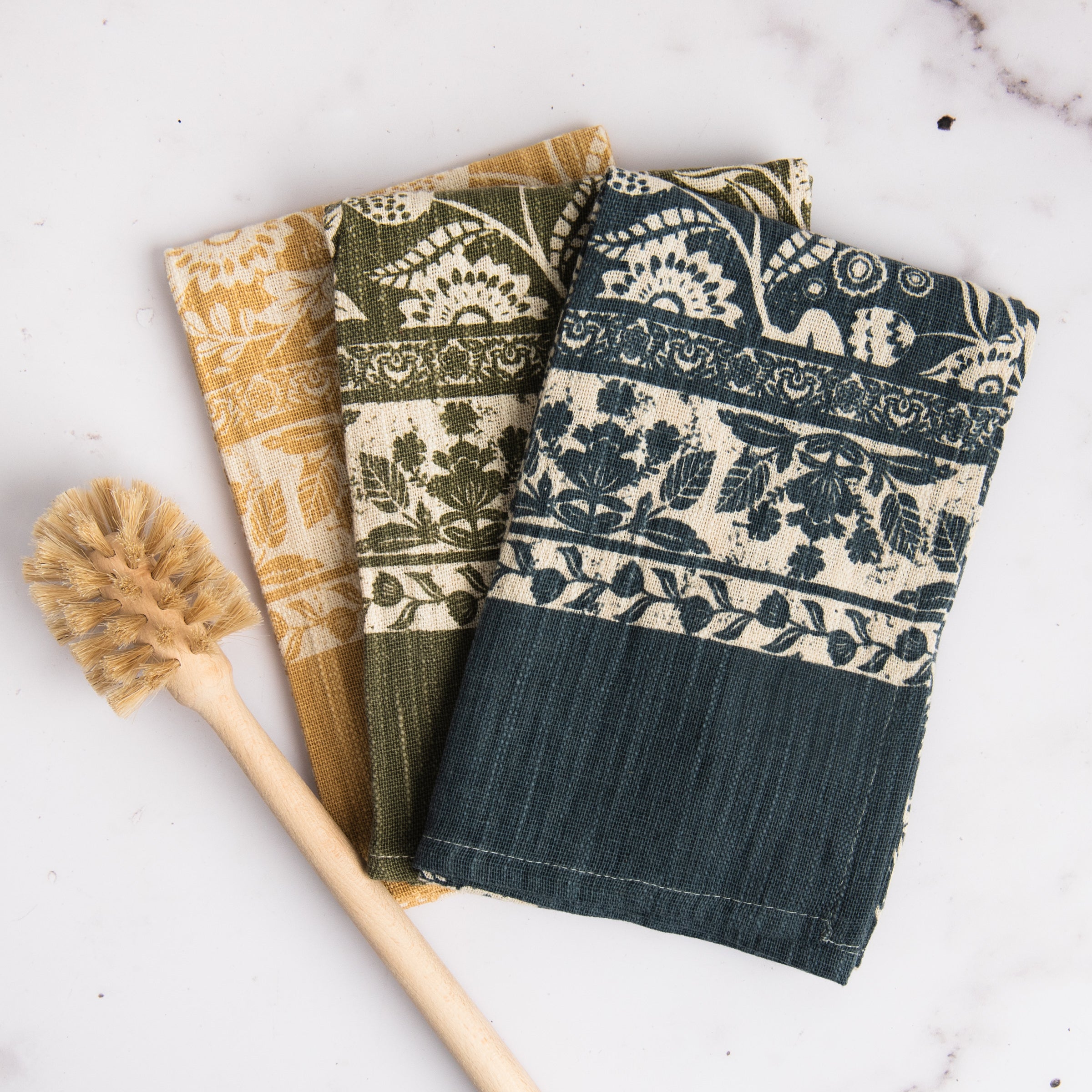 Meadow Printed Tea Towels, Set of 3 on a table at Addison West