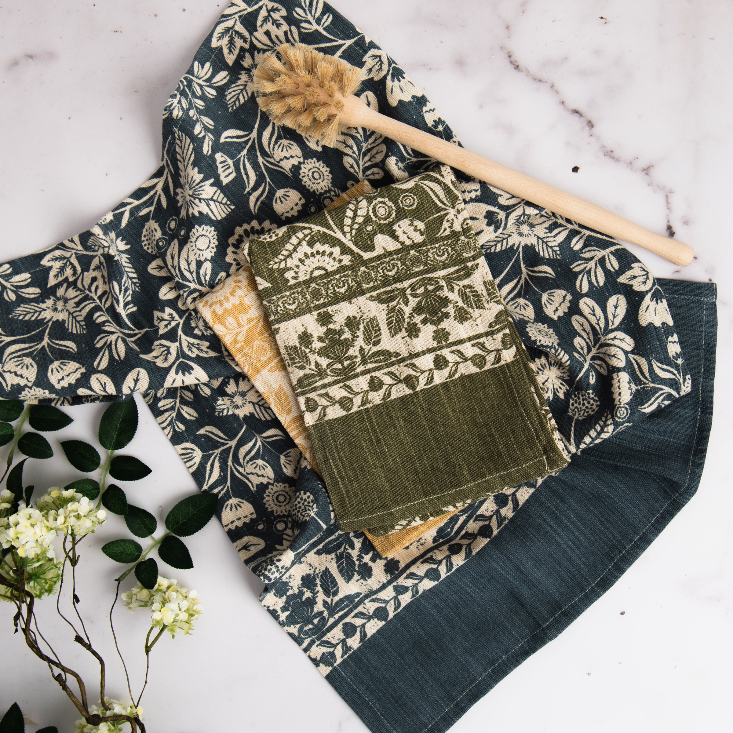 Meadow Printed Tea Towels, Set of 3 on a table at Addison West