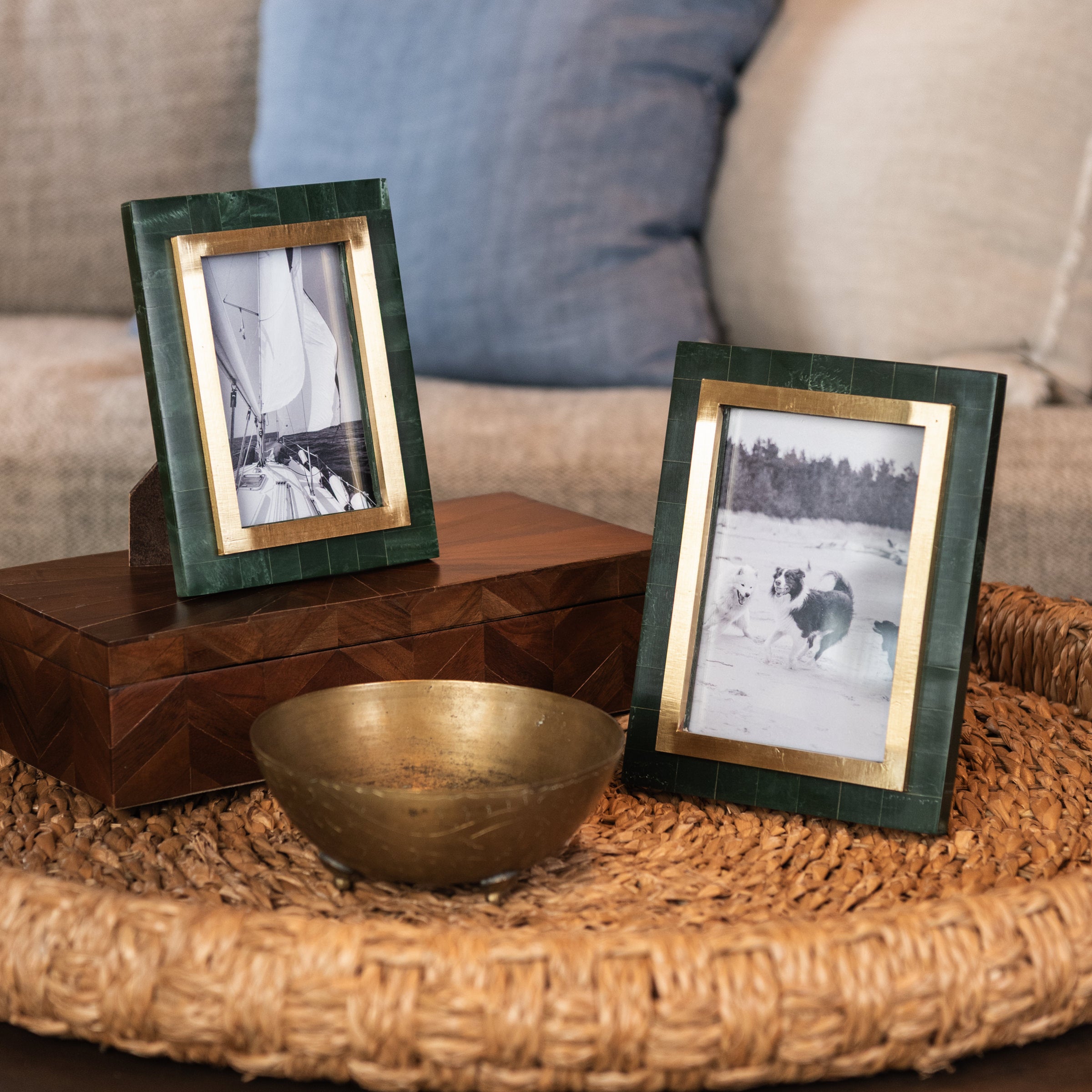 Aventurine Gold & Green Photo Frame on a coffee table at Addison West