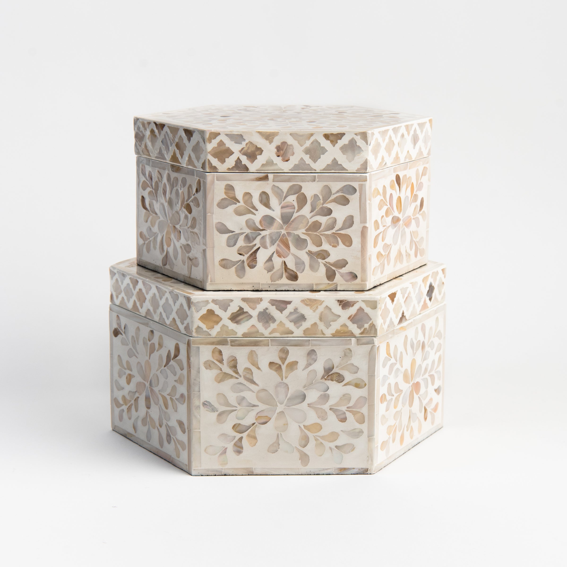 Mother of Pearl Hexagon Box on a white background at Addison West