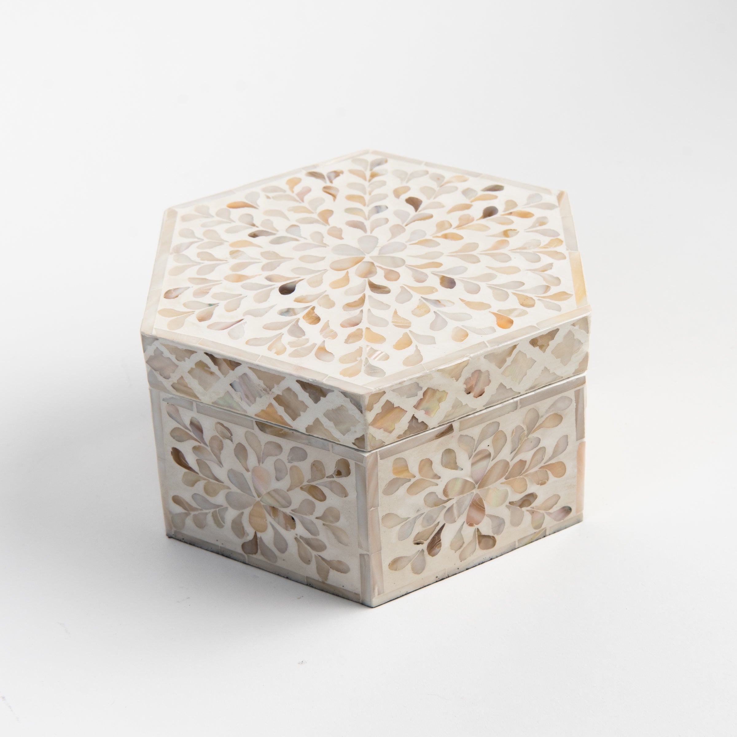 Mother of Pearl Hexagon Box on a white background at Addison West