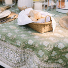 Elowen Block Print Tablecloth on a table outside at Addison West