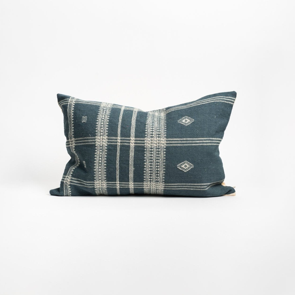 Bhujodi Wool Handloom lumbar Pillow in Blue on a white background- Addison West 