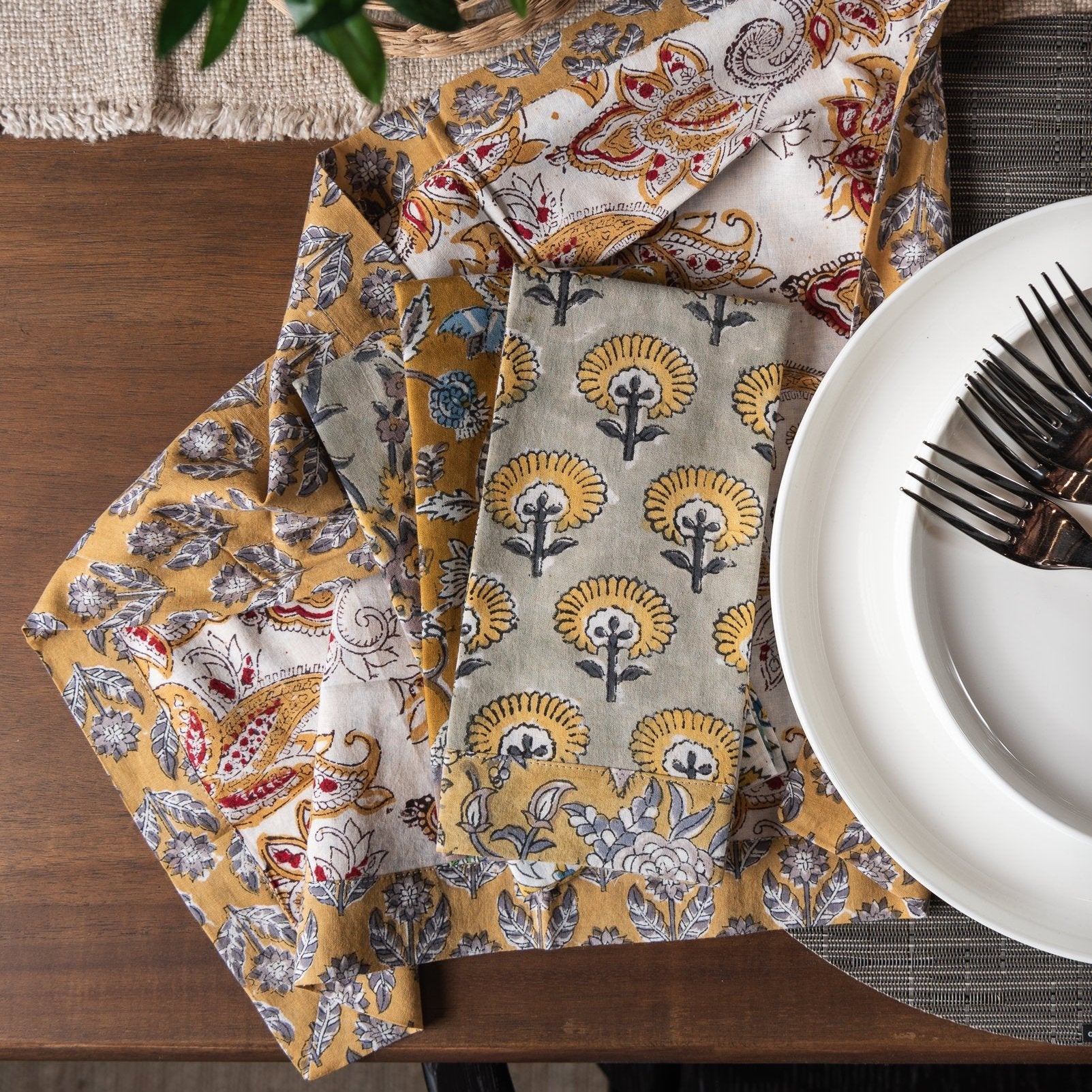 Vermont Handmade Napkins in English Garden on a dining table at Addison West
