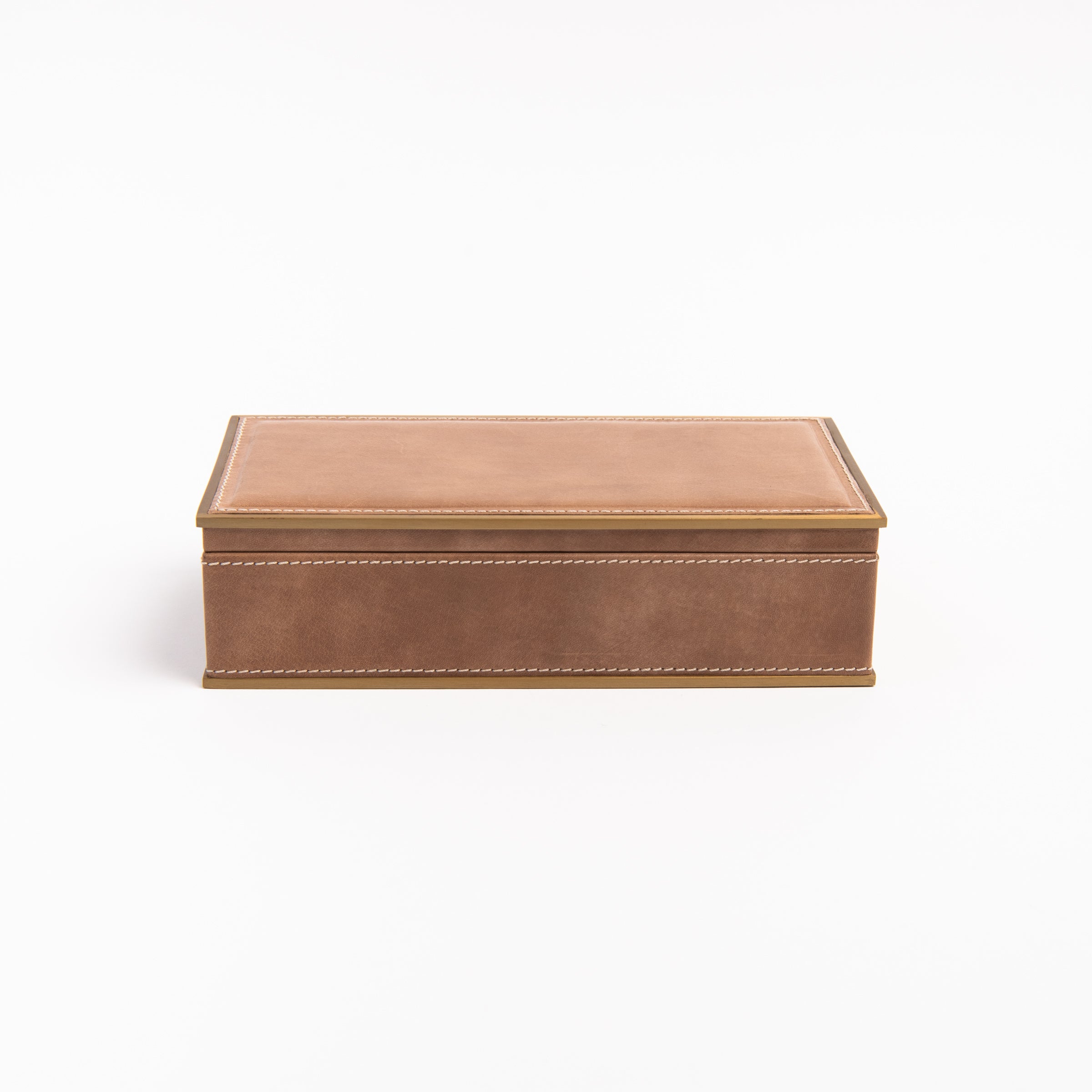 Allerona Leather Box with Brass Trim - Small on a white background at Addison West